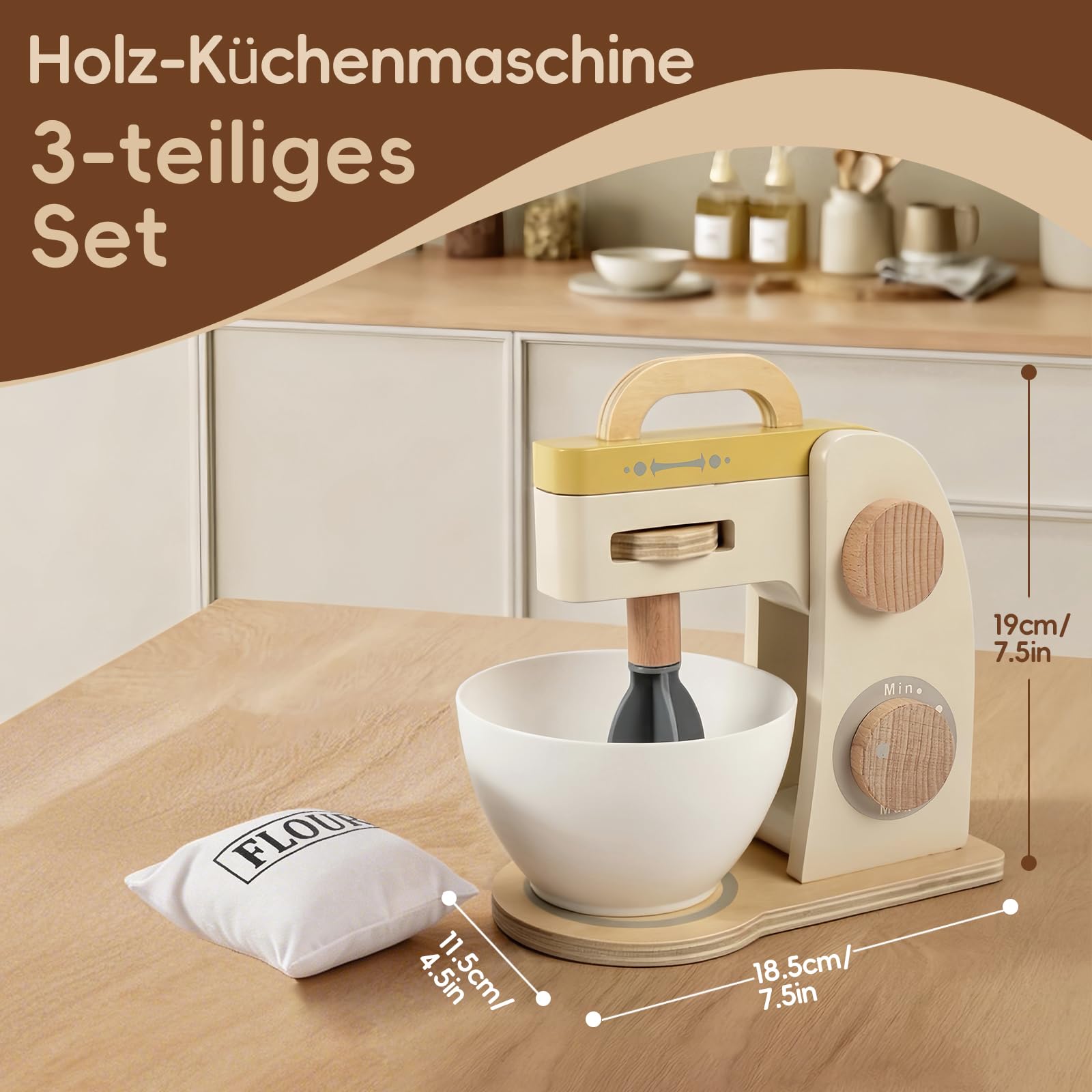 Holz Küchenmixer Spielzeug für Kinder, Kinderküche Zubehör Holz Rollenspiel Set, Spielküche Backmaschine mit Hebearm, Spielzeug für Mädchen & Jungen