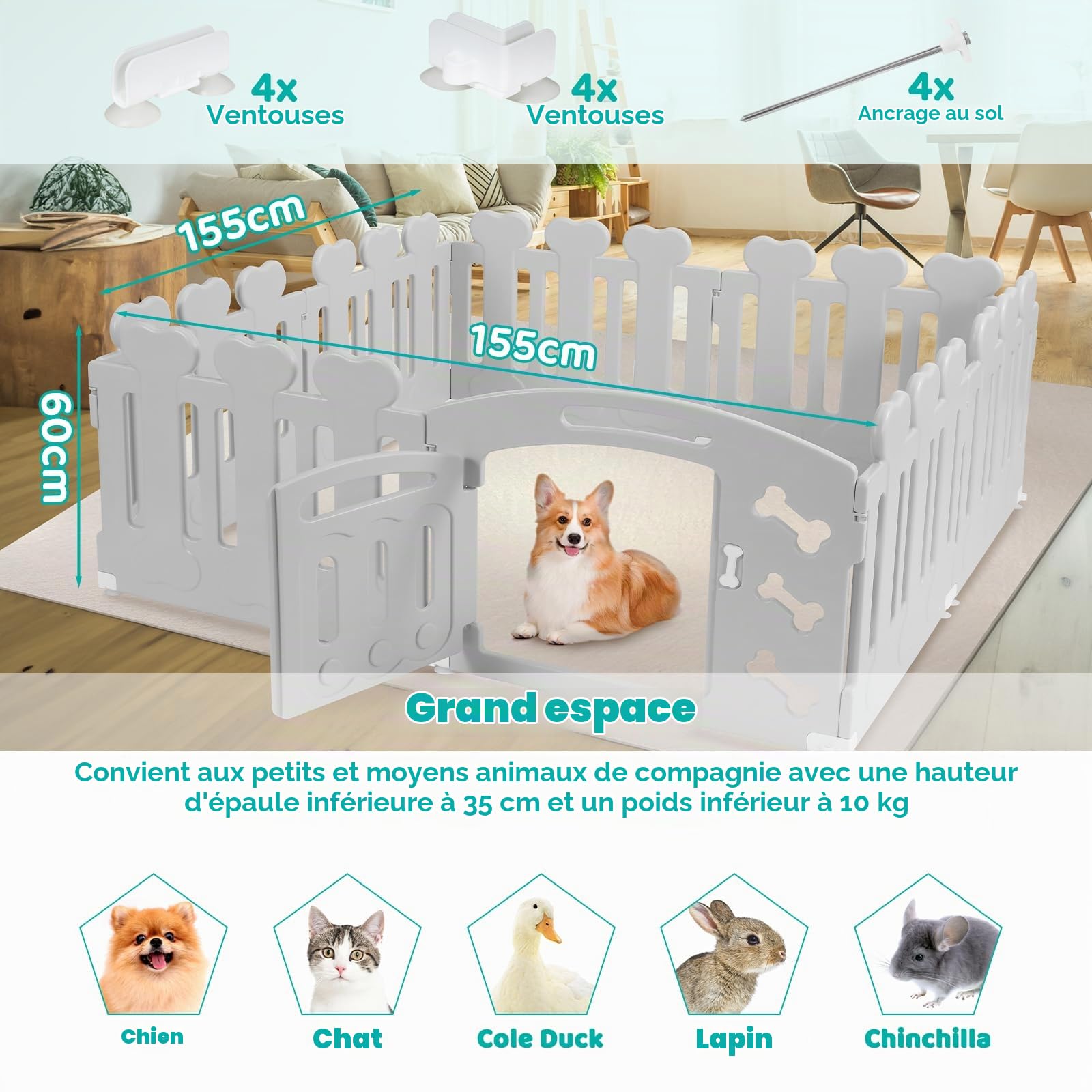 MAMIZO Parc pour Chien 60 cm Haut, Plastique Parc Chien 7+1 PCS Panneaux, Parc Chiot Pliable avec Portail, avec ventouses et ancrages au Sol, Enclos pour Chat et Lapin Interieur Extérieur, Gris | Parc Chiot Pliable avec Portail, avec ventouses et ancrages