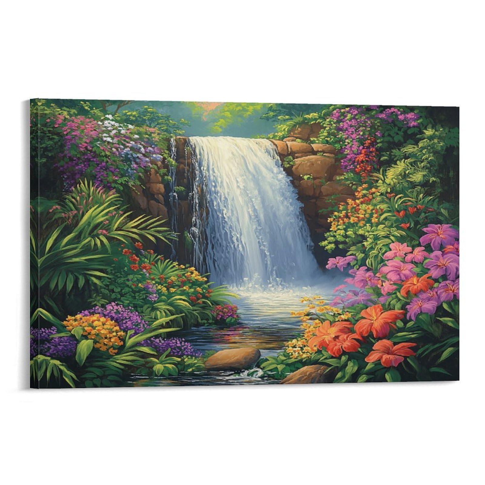 CPLVKWRQJ Waterfall Garden Individual Tropical Floral Scene Wall Art Pieces - Office Canvas Print Fade Resistant Wall Focal Art Ready to Hang 08x12inch(20x30cm)
