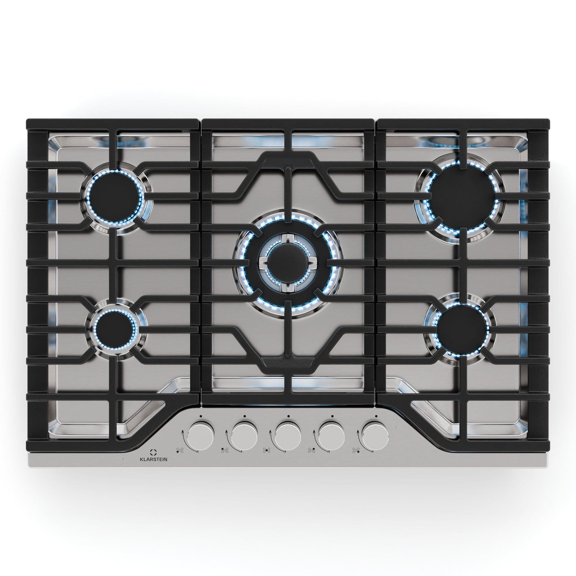 Klarstein Turbocast Placa de Gas, 5 Quemadores, Acero Inoxidable 304, Quemador Wok 3,4kW, Encendido Automático, Apagado de Seguridad, Kit GLP, Encimera Gas Profesional, 750×100×500mm