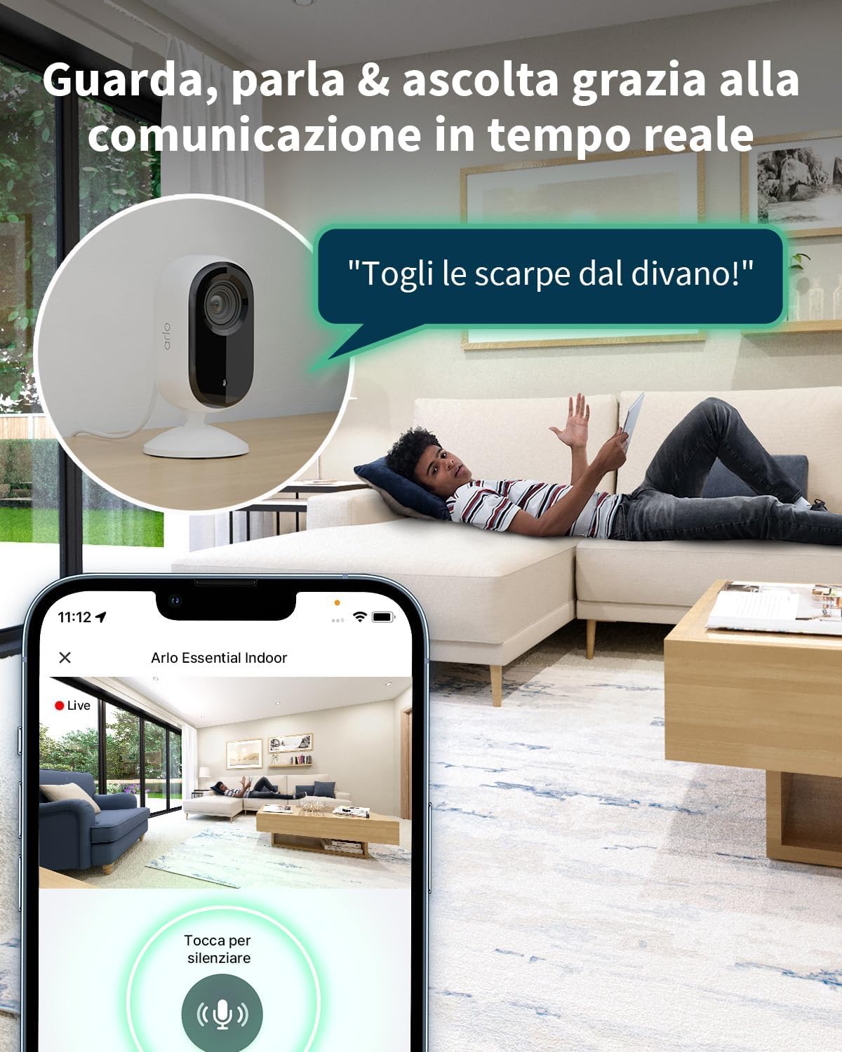 Arlo Essential 2 Indoor 2K, Telecamera WiFi da Interno per animali domestici, Visione Notturna, Audio Bidirezionale, Otturatore Obiettivo, 1 Telecamera Bianca
