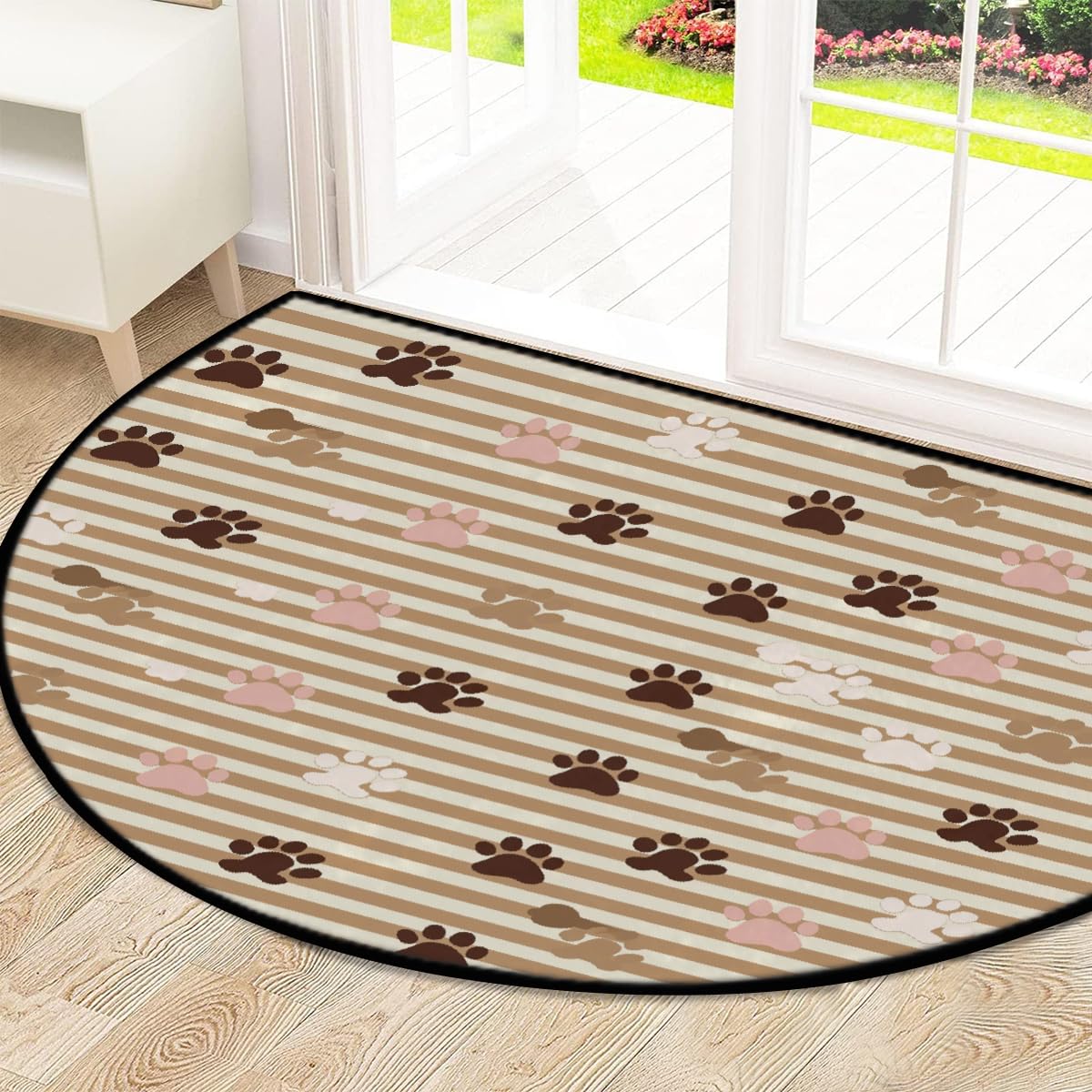 Mexpekil Paillasson demi-rond antidérapant lavable avec motif pattes de chien - Demi lune - Tapis de sol absorbant et anti-saleté - Motif à rayures - 100 x 160 cm