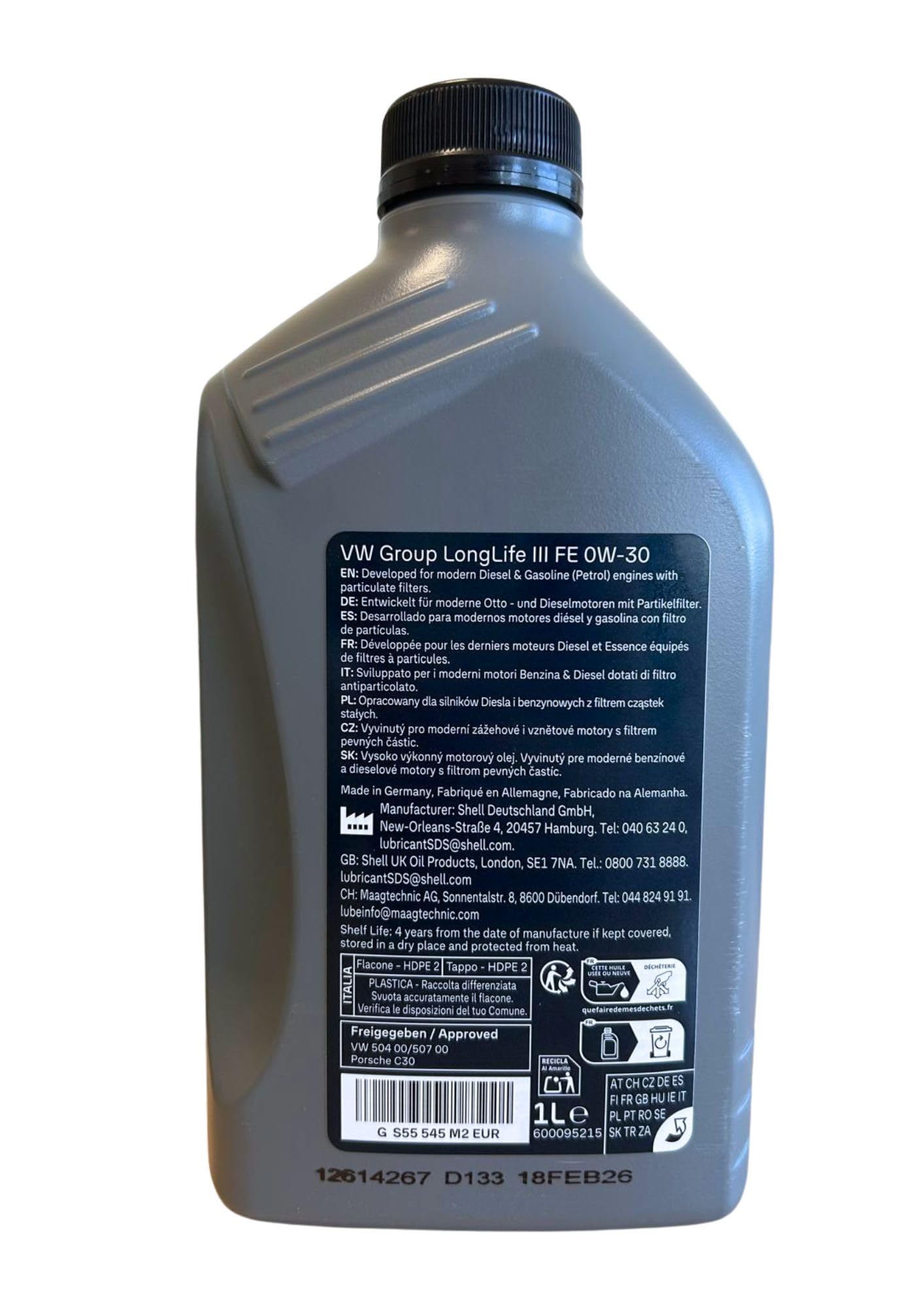 LUBRIALPHA - Olio Motore LongLife III 0W-30 | Per VW Benzina e Diesel | Specifica VW 504 00/507 00 | Compatibile con 0W30 | Viscosità 0W-30 | 1 lt, Olio 5W-30 LL