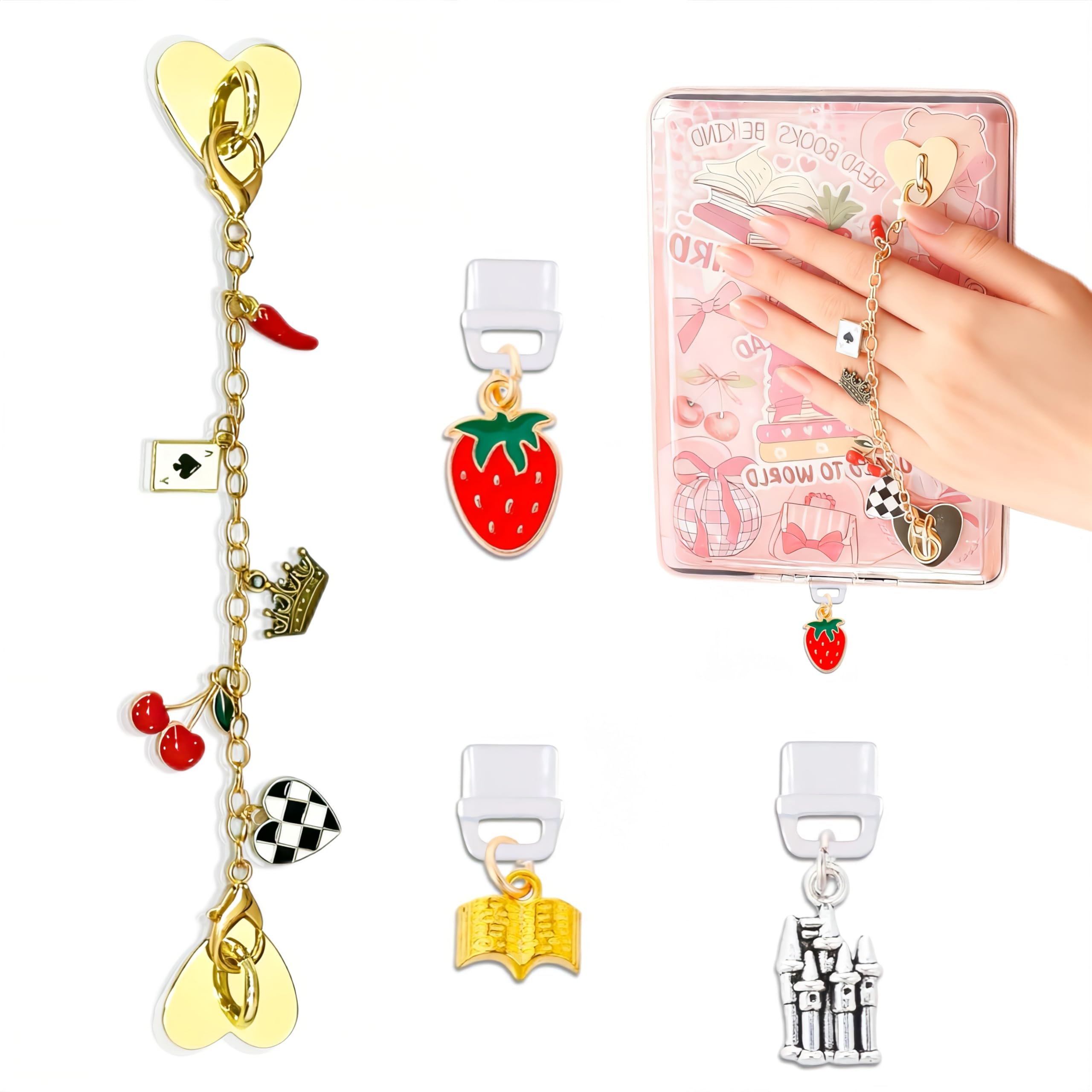 Charms Set for Kindle - 4Pcs Type C Dust Plug &amp; Strawberry Crown Golden Chain Charm Bracelets Accessories for Kindle/E-Reader/Phone, Gift for Book Lovers Women Men