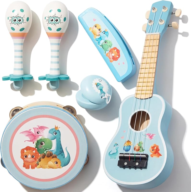Guitarra para niños para niñas, juguete de instrumentos musicales de madera para niños pequeños | Incluye ukelele, pandereta, maracas, armónica y mini conjuntos de banda para niñas de 2 a 3 años, regalo de cumpleaños.