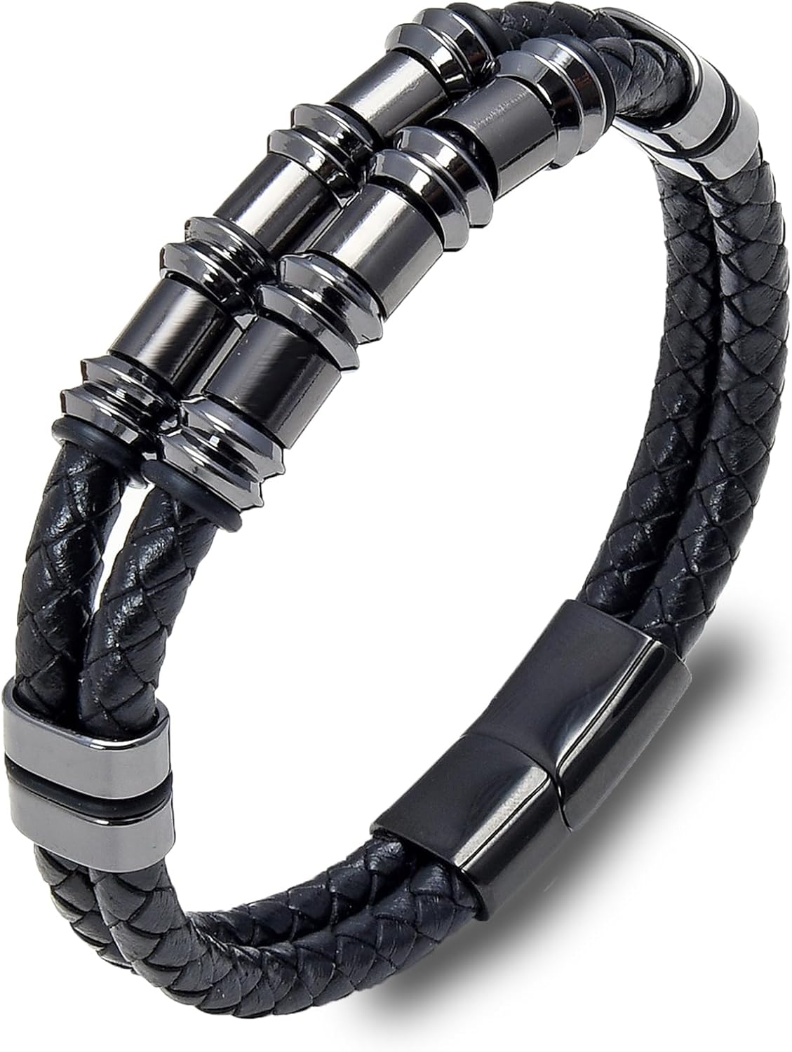 Leather Bracelet for Men Multi-Layer Braided Leather Bracelet Stainless Steel Bangle Bracelet Wristband Jewelry Gifts for Men