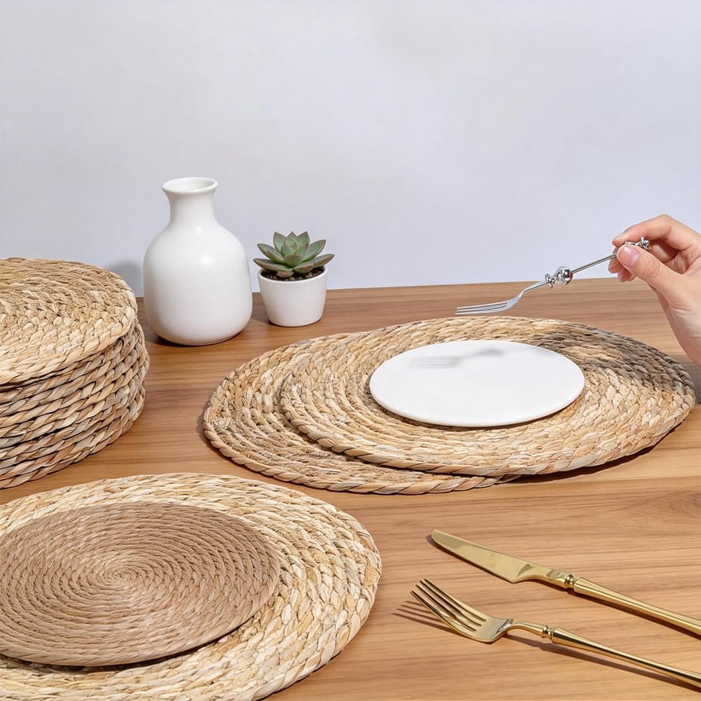 Gewebte Platzsets, rund, 34 cm, Rattan-Platzset, Bauernhaus, Boho, natürliche Wasserhyazinthe, Platzsets für Zuhause, Speiseteller, Urlaubsbedarf, 14 Stück