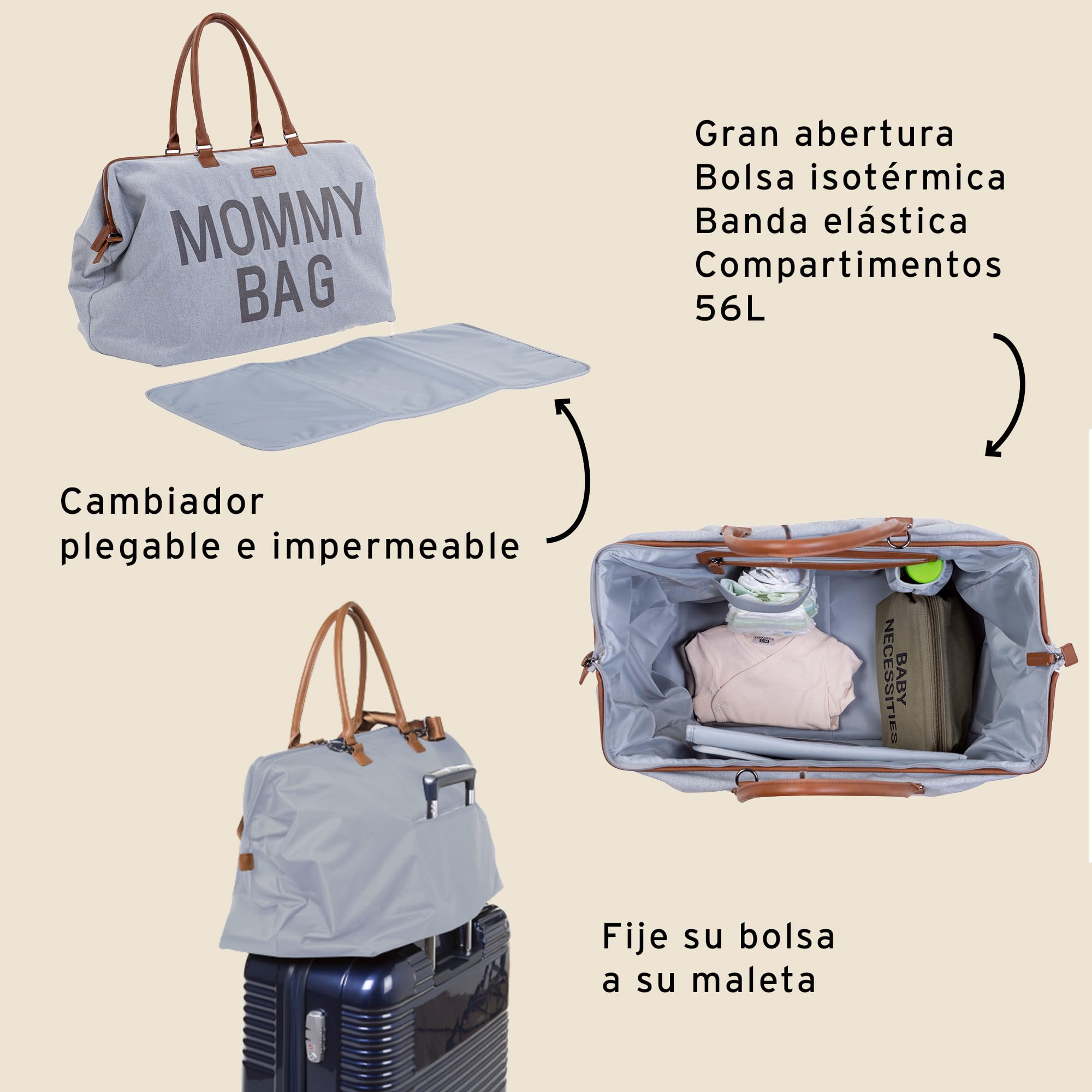 CHILDHOME Mommy Bag, bolso cambiador, maternidad, bolso de viaje, gran capacidad, cambiador, correa ajustable para el hombro, compartimentado, bolsillo termico, pasaje para la maleta