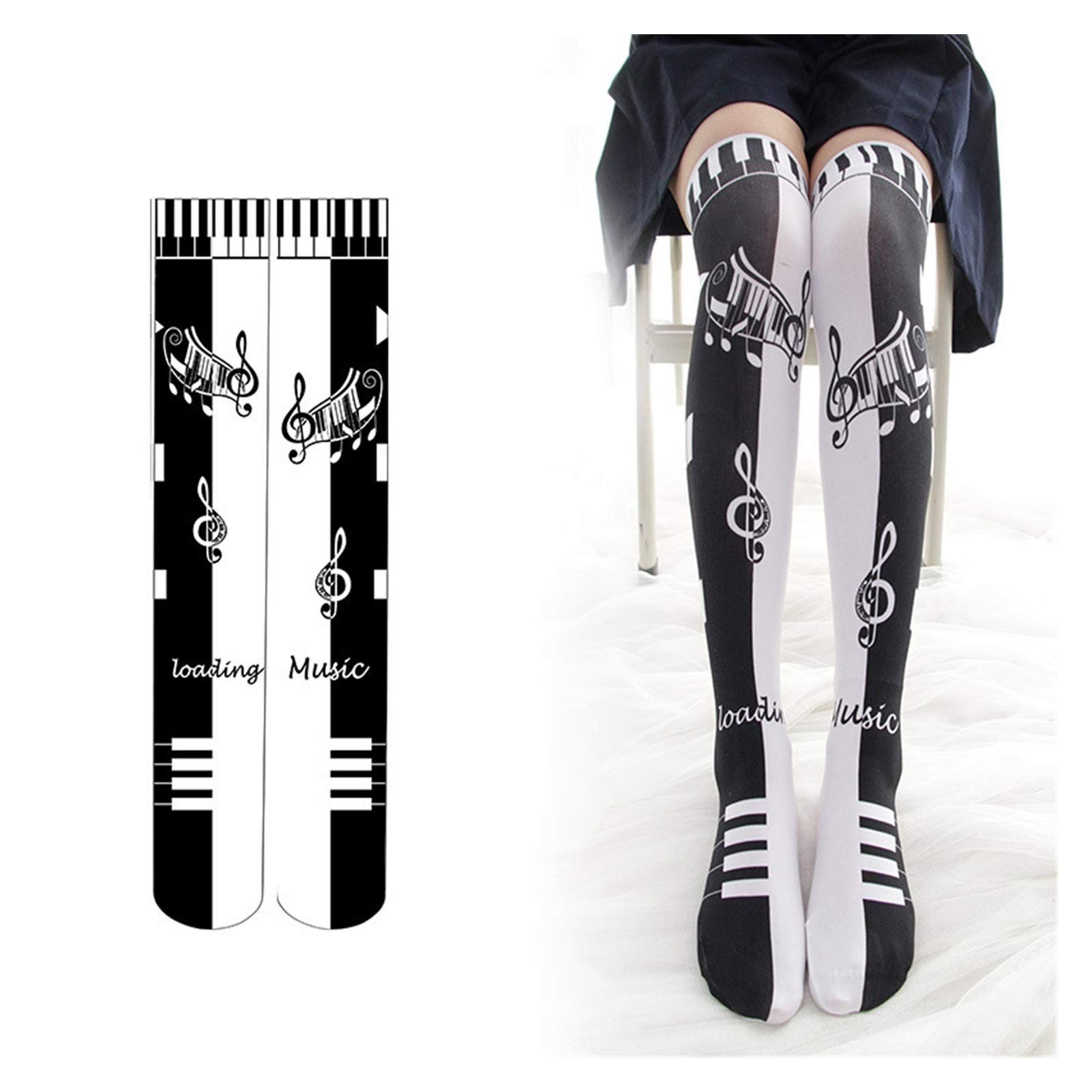 Original Lolita Black White Key Note Drucken High Socken Langlauf-Knie-Socks Warm (Color : Black)