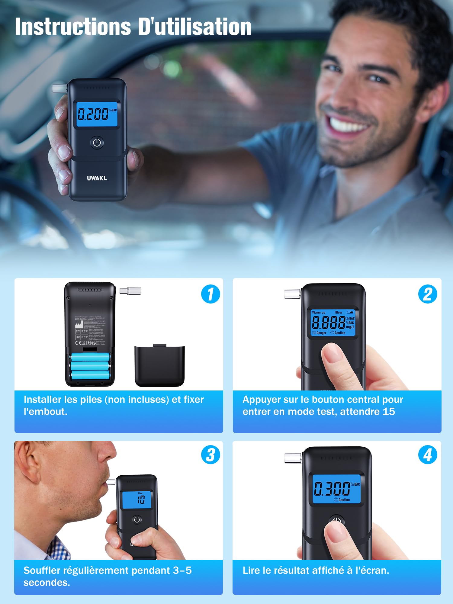 Ethylotest Electronique Homologué Alcootest Professionnel: Éthylomètre Haute Précision avec Affichage Numérique LCD - Portable Testeur d'alcool ave 10 Embouchures - Alcotest Usage Maison Voiture Fêtes