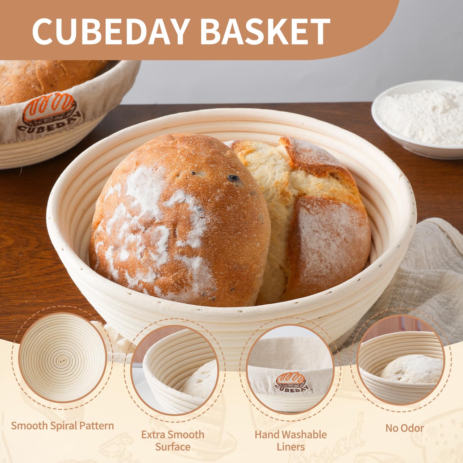 CUBEDAY Rattan Bread Proofing Baskets Set - 2 Pack 9 Inch Round Bannetons With Liners Sourdough Baking