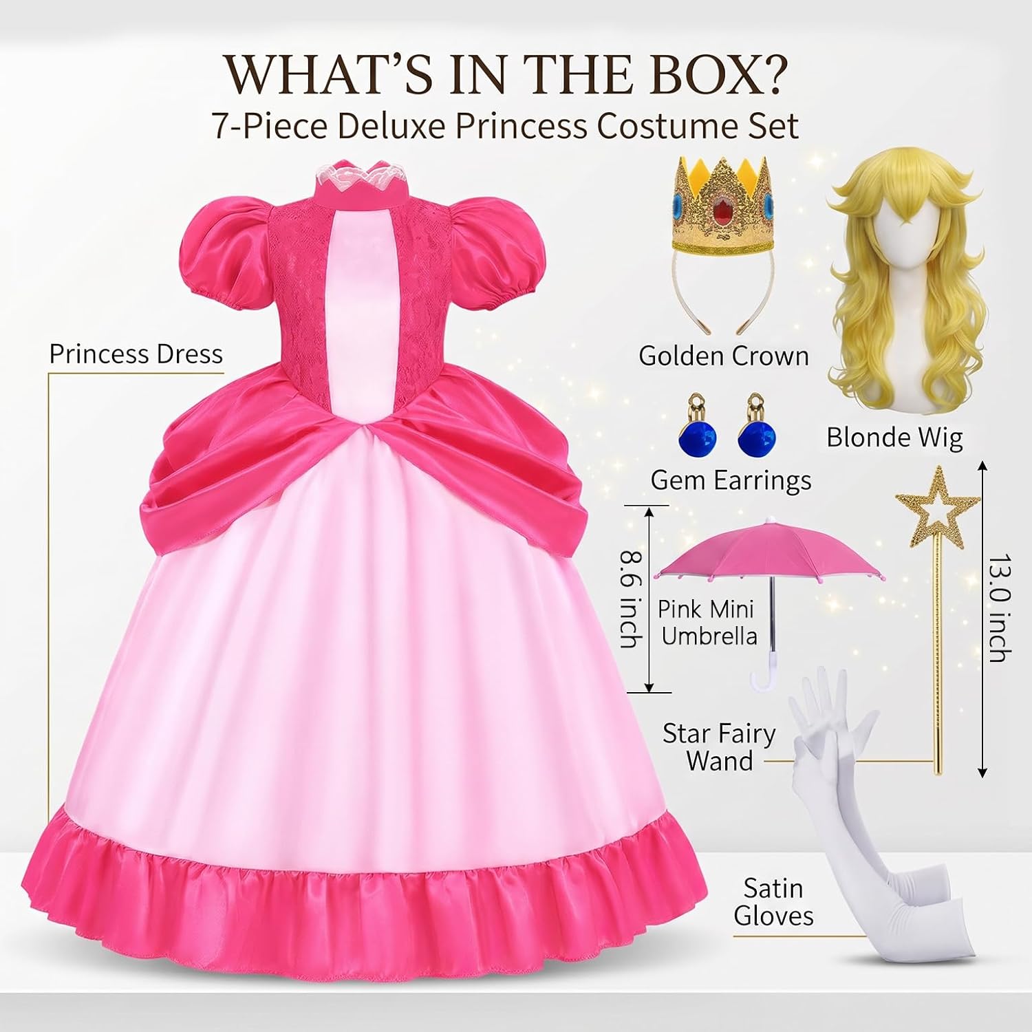 ZIW Kids Pink Princess Costume for Girls Royal Fantasy Princess Dress with Accessories Halloween Dress Up Set