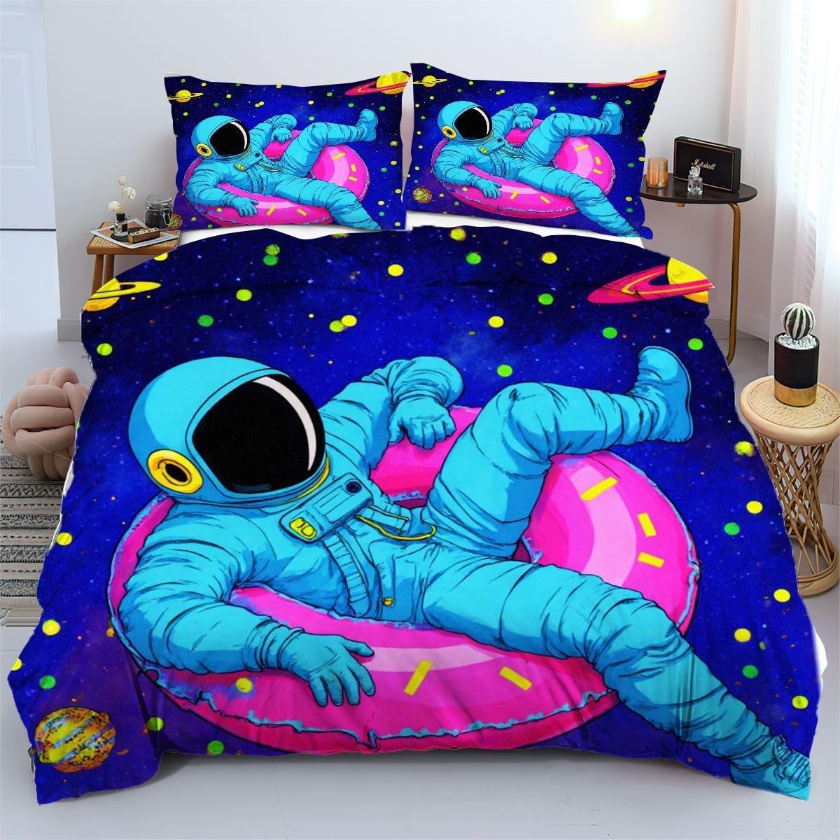 Parures de lit 240x260 astronaute coloré avec housse de couette microfibre pour grand lit