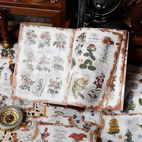 Yoksas 20 hojas de calcomanías vintage de flores naturales, libro de calcomanías de efímera, calcomanía floral Washi para álbumes de recortes,