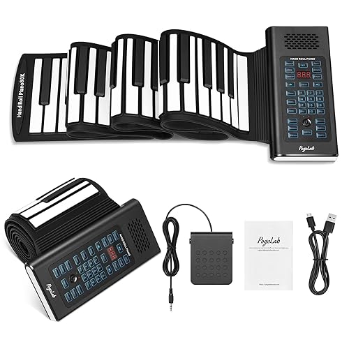 Pianoforte a tastiera arrotolabile POGOLAB a 88 tasti, pianoforte arrotolabile ricaricabile con 20 demo/128 toni/128 ritmi/jack per cuffie/Bluetooth/batteria, pianoforte a mano pieghevole da viaggio - 88(display digitale) - Nero