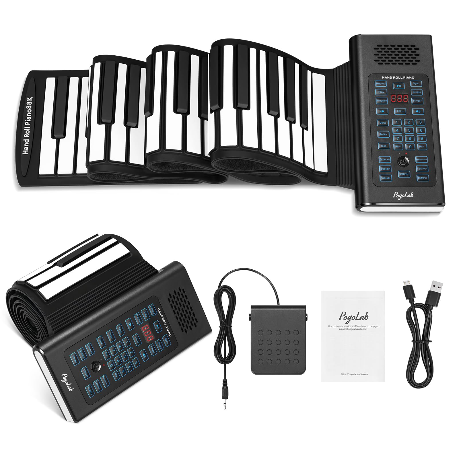 Pianoforte a tastiera arrotolabile POGOLAB a 88 tasti, pianoforte arrotolabile ricaricabile con 20 demo/128 toni/128 ritmi/jack per cuffie/Bluetooth/batteria, pianoforte a mano pieghevole da viaggio