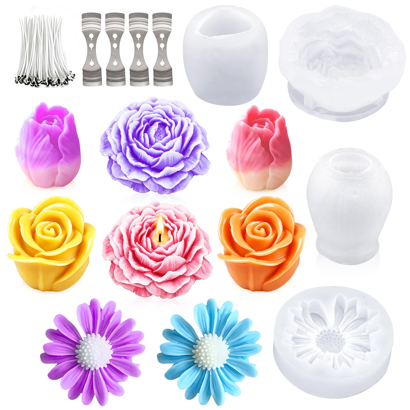 4Pcs Silicone Flower Candle Molds for Candle Making, with Wax Wick