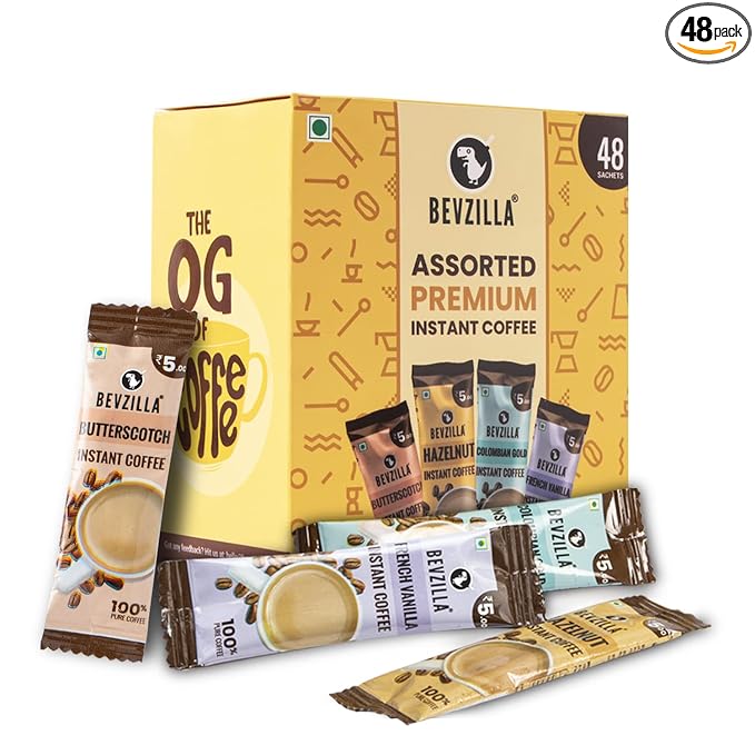 Bevzilla Instant Coffee Powder – 48 Sachets | Turkish Hazelnut, Colombian Gold, French Vanilla & English Butterscotch | 12 Sachets Each Flavour| Hot & Cold Coffee| Makes 48 Cups| 100 % Arabica Coffee| Strong Coffee| Best Coffee| Espresso, Latte, Cappuccino at Rs. 179