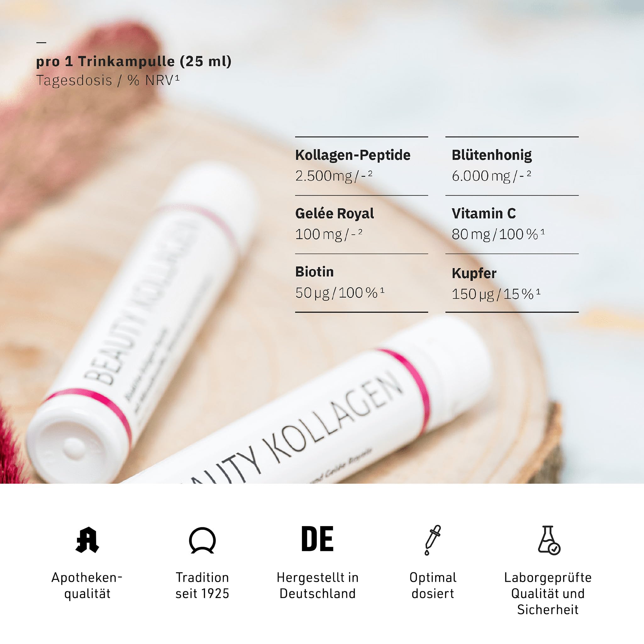 Sanhelios Beauty Kollagen HAUT-ELIXIER – Anti Aging zum Trinken* | 2500 mg Premium-Kollagen-Peptide + Biotin, Kupfer & Vitamin C, Blütenhonig & Gelée Royale | 30 Trinkampullen, Made in Germany