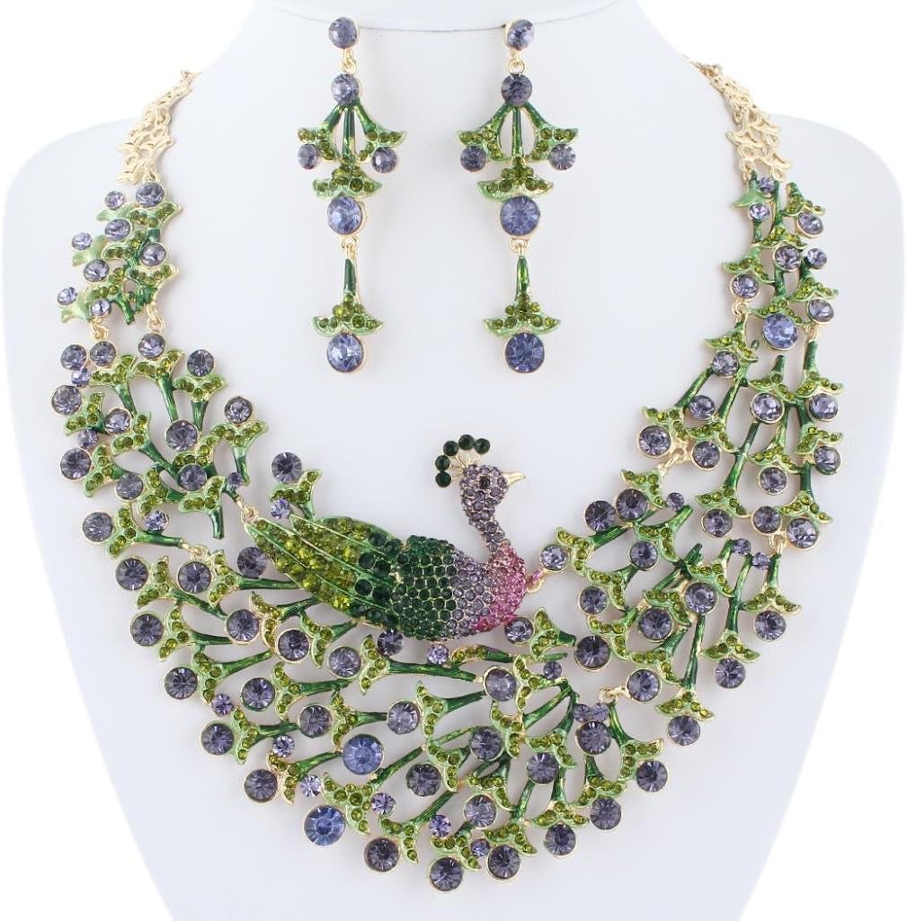 EVER FAITH Women's Austrian Crystal Enamel Peacock Statement Necklace Earrings Set Gold-Tone