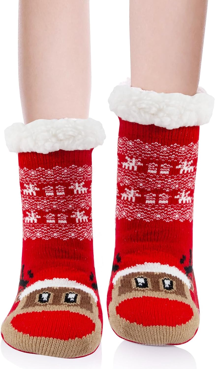Christmas Socks for Kids, Cute Animal Fuzzy Slipper Socks with Non-Slip Grips, Warm Fleece Lining for Boys and Girls