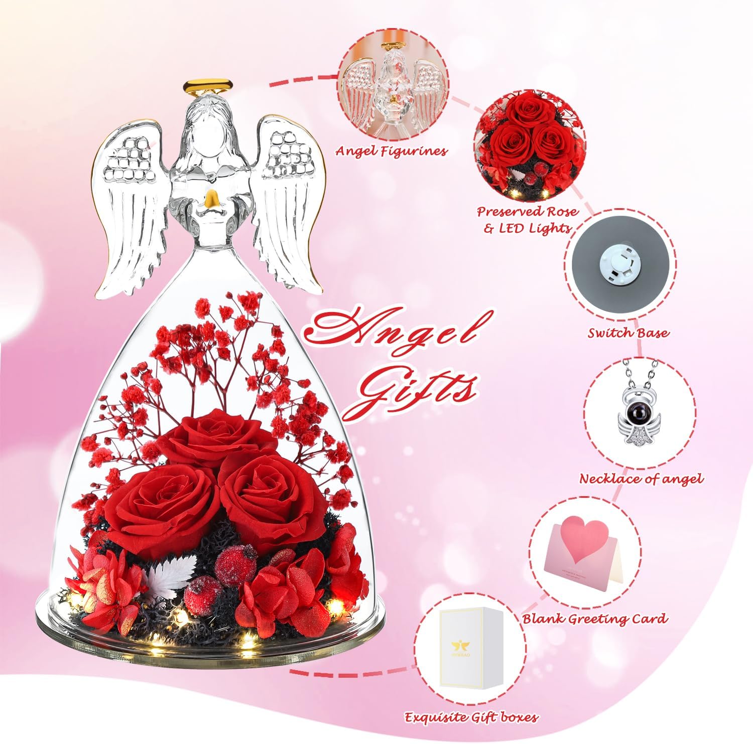 ANWEAO Valentines Day Gifts for Women Birthday Preserved Rose Forever Flower in Glass Angel Figurines Fresh Flowers for Delivery for Mom Real Colorful Roses for Grandma Wife Her from Daughter - Image 3