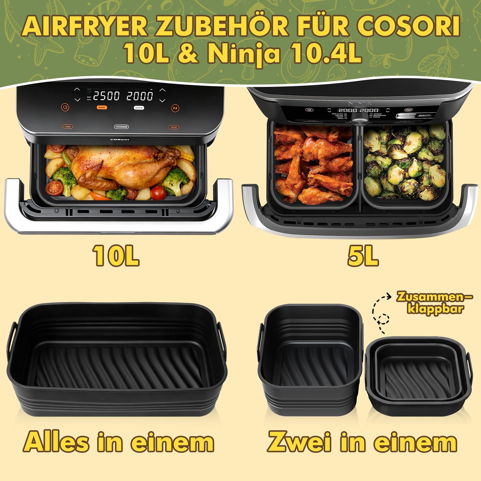 Heißluftfritteuse Zubehör für Cosori Dual Blaze 10L & Ninja AF500EU Foodi Flexdrawer 10,4L, BPA-frei Faltbarer Silikon Einsatz, 1×10L + 2×5L Silikonform & Grillrost (Ninja 10,4L/COSORI 10L) | Airfryer Backpapier Silikonform & Grillrost Faltbarer Silikon E