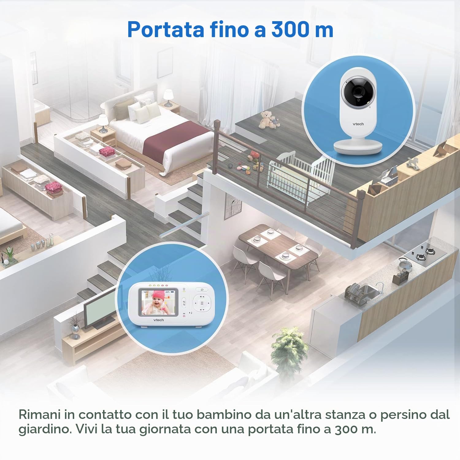 VTech Baby Monitor con Display 2,4", Visione Notturna, Comunicazione Bidirezionale, Sensore di Temperatura, Indicatore Sonoro, Raggio Fino a 300m, Suoni Rilassanti e Ninne Nanne, Senza Wi-Fi: VM320