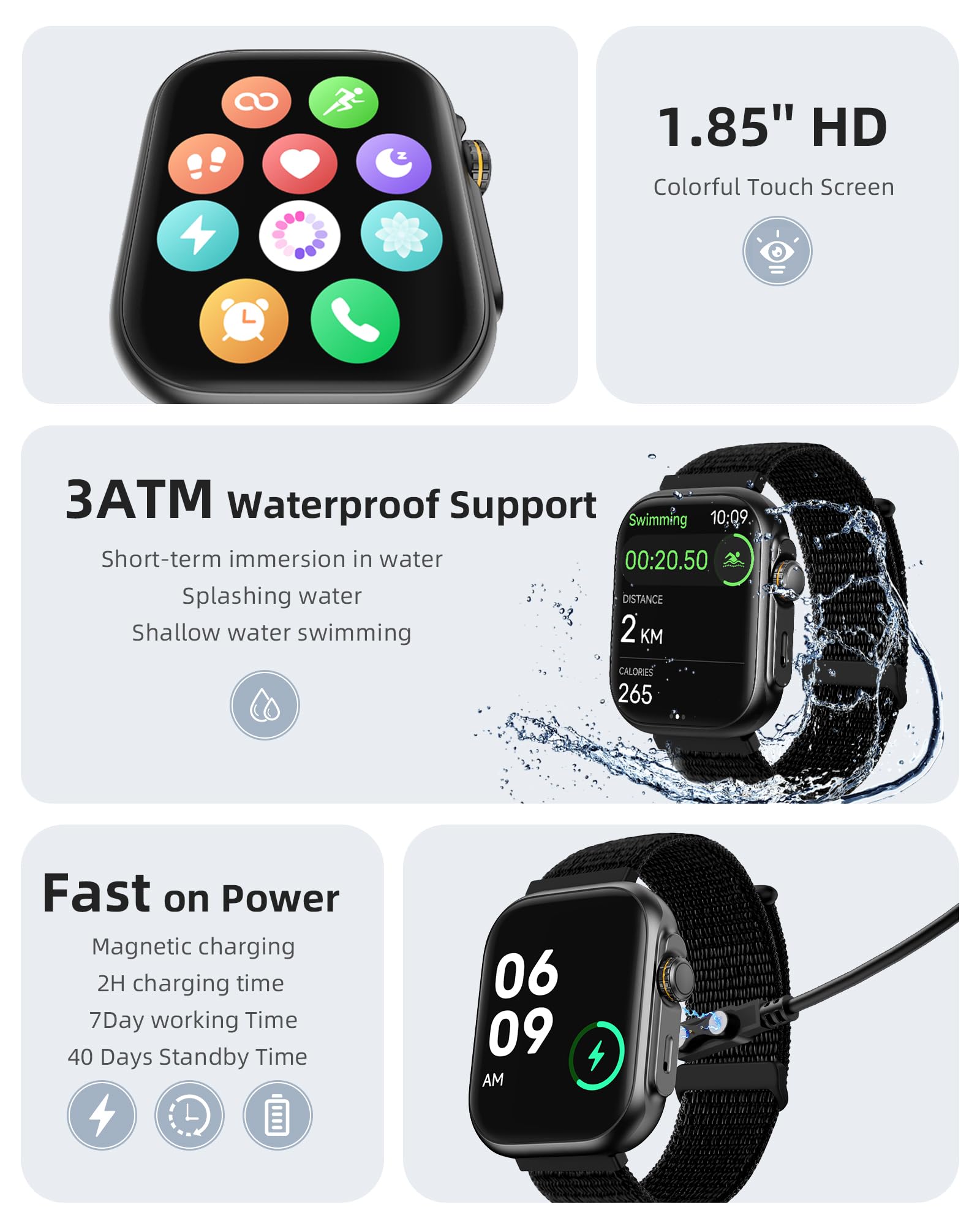 Parsonver Zegarek Smartwatch dla kobiet i mężczyzn z funkcją telefonu, Wbudowany GPS, 30M wodoodporny do pływania, 1,85" zegarek z 100+ sportami, monitorowanie tętna i snu, dla Androida i iOS, czarny
