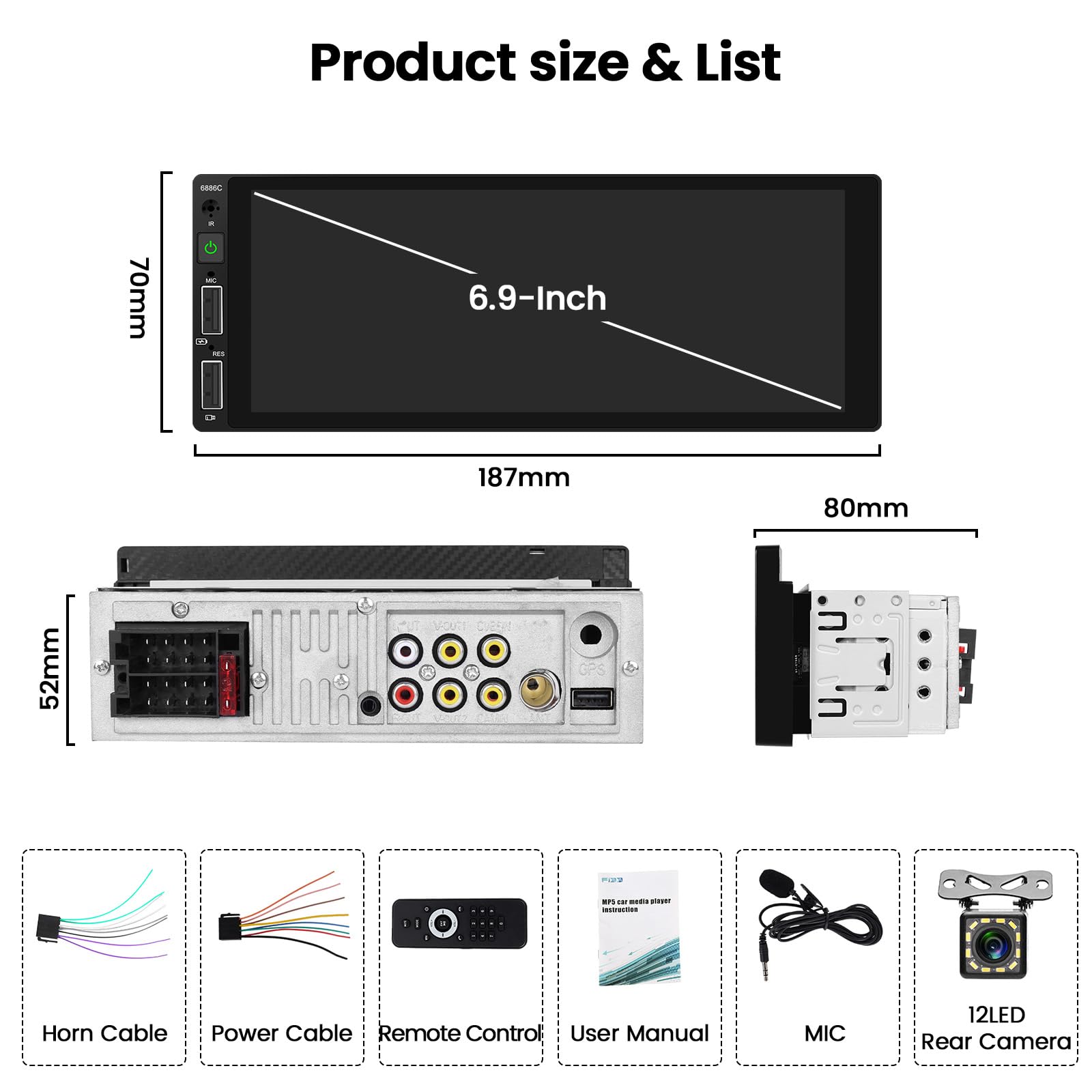 Hikity Autoradio 1 Din Wired Carplay Android Auto 6,86 Pollici Touchscreen Radio Bluetooth Auto Stereo con Mirror Link FM Radio USB/EQ/Controllo del Volante/Telecamera Posteriore