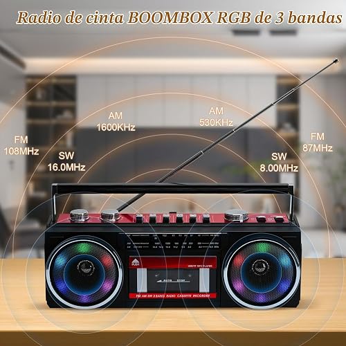 Portable Cassette Player Boombox AM/FM/SW Radio Stereo, CasetteTape Player Recorder,MP3 Bluetooth USB RGB Lights TF card (Red) - 3