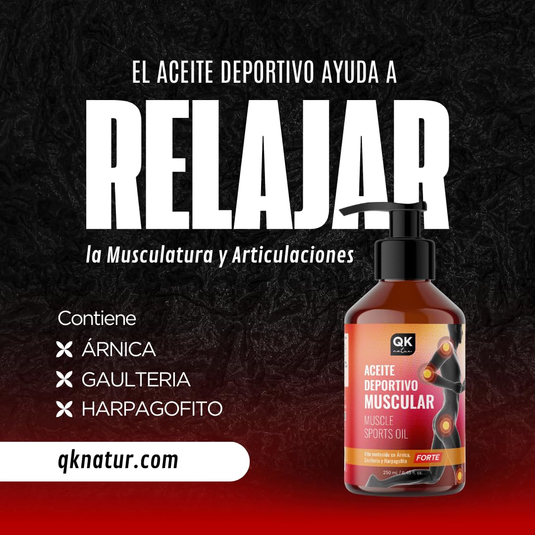 QKnatur - Aceite Deportivo Muscular (250 ml). Combinación de aceites de Origen Natural para masaje muscular - Contiene Árnica, Gaulteria y Harpagofito