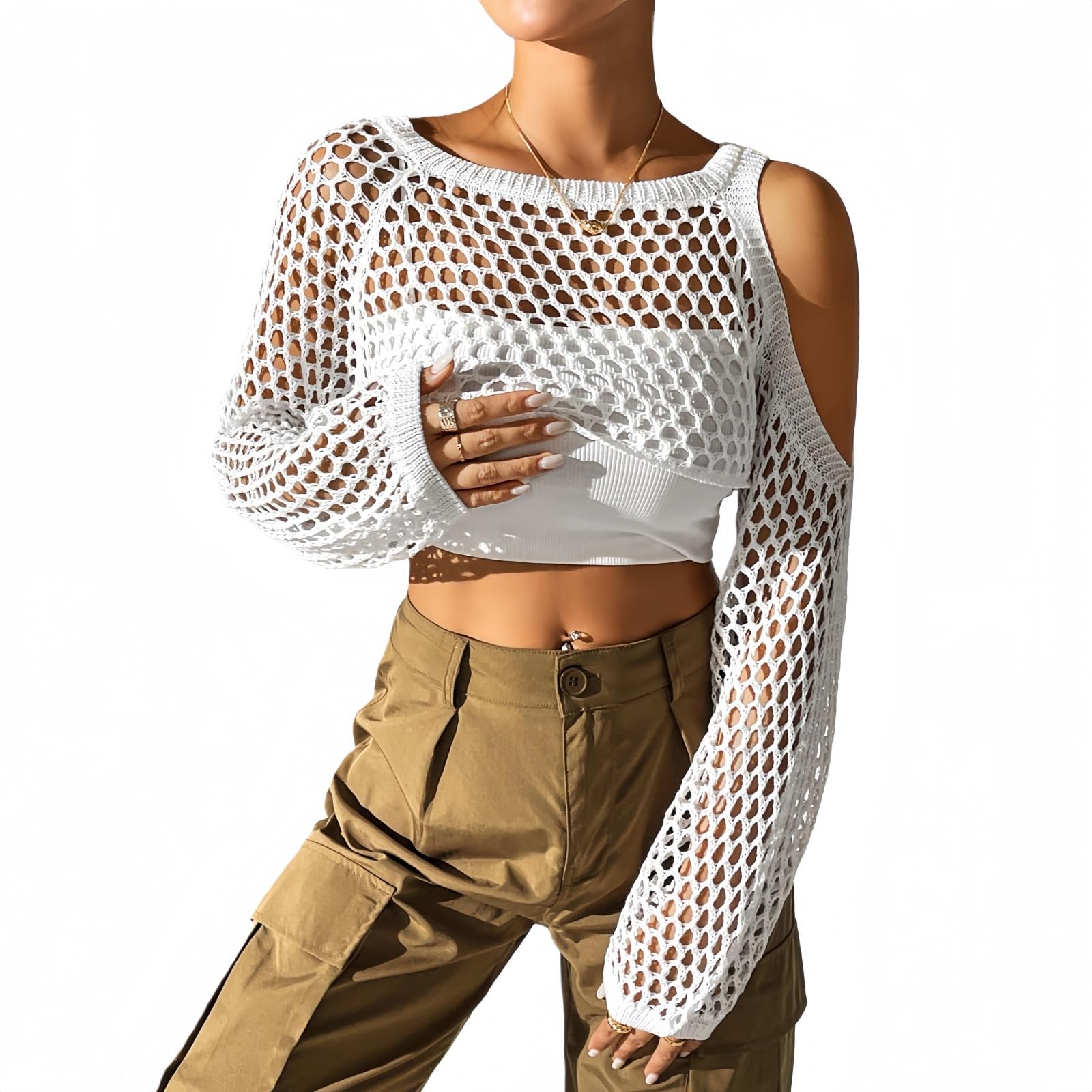 TouKingda Mesh Fishnet Top for Women Long Sleeve Shrug Novelty Off Shoulder Crop Top Y2K Hollow Out Knitted Cover Up Casual Stylish Ladies Outerwear Disco Carnival Music Festival Clubwear (White)