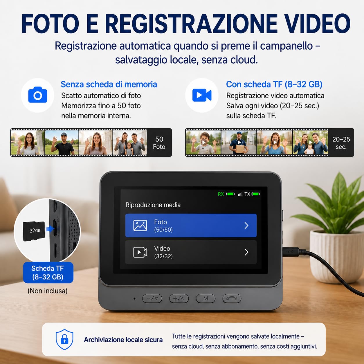 Winnes Videocitofono wireless senza WiFi, campanello con fotocamera e schermo da 4,3", videocitofono 1080P HD, visione notturna, audio bidirezionale, registrazione, grandangolo 170°, IP65