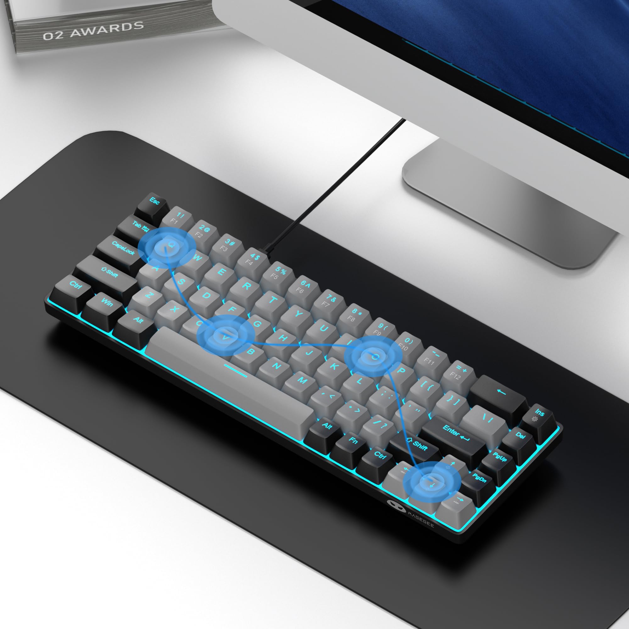 MageGee Teclado mecánico portátil 60%, MK-Box retroiluminado azul hielo, 68 teclas para juegos y oficina con cable, interruptor azul para Windows, laptop, PC, Mac
