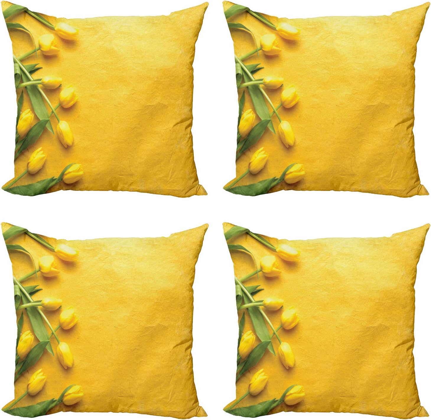 Ambesonne Yellow Decorative Throw Pillow Case Pack of 4, Danish Dutch Tulips on Colored Wall Garden Floral Love Lily Herbs Print, Cushion Cover for Couch Living Room Car, 18", Yellow Green