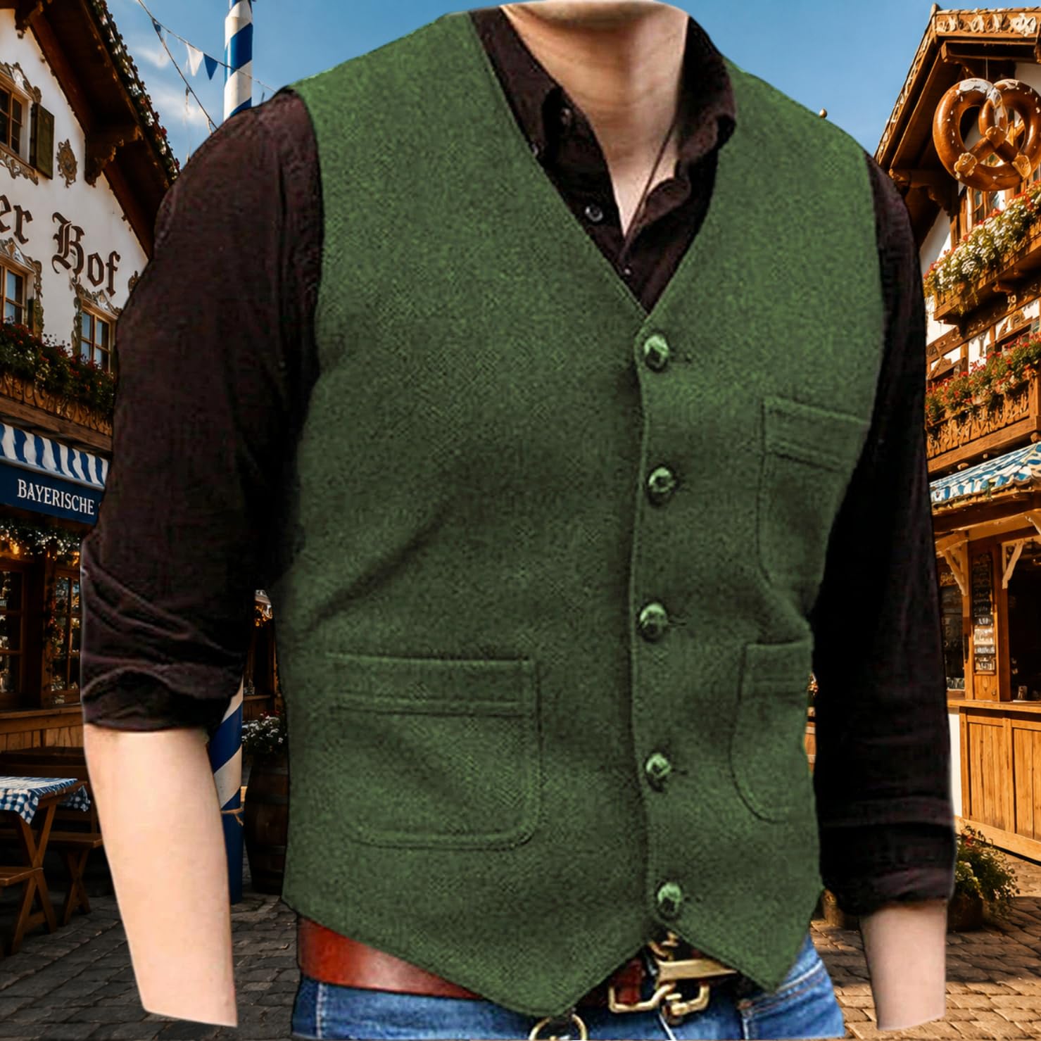 Generico Gilet Da Uomo A Spina Di Pesce Con 5 Bottoni, Scollo A V, In Tweed, Con Tasche, Giacca Casual Vintage Senza Maniche Per Matrimoni, Feste E Oktoberfest.