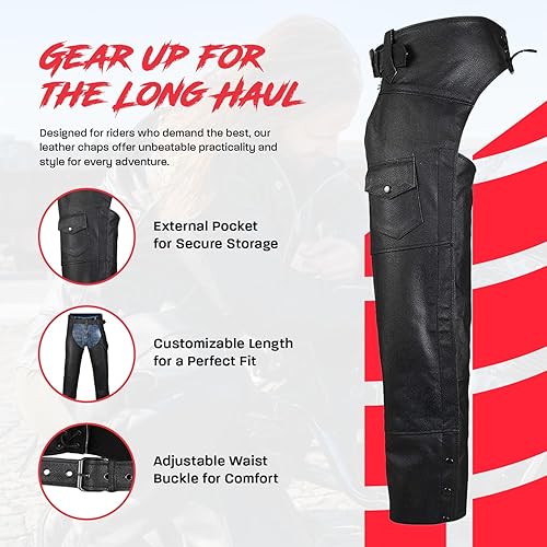 Miniatura 5 de HWK Chaparreras de cuero para motocicleta para hombres y mujeres, color negro, para protección contra erupciones de carretera y comodidad para todo