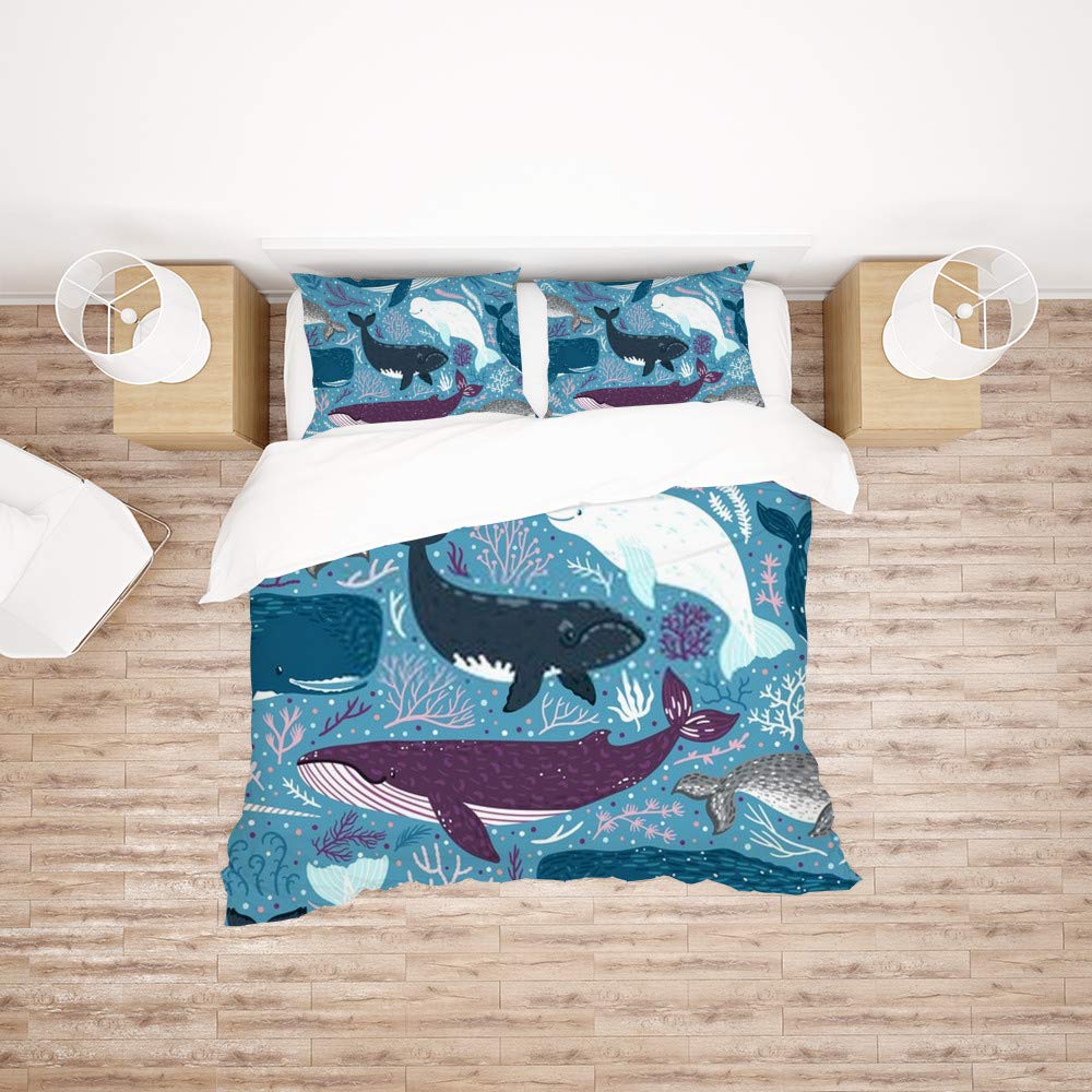 Parure de lit toutes saisons ultra douce polyester motif animaux sous-marins 3 pièces King