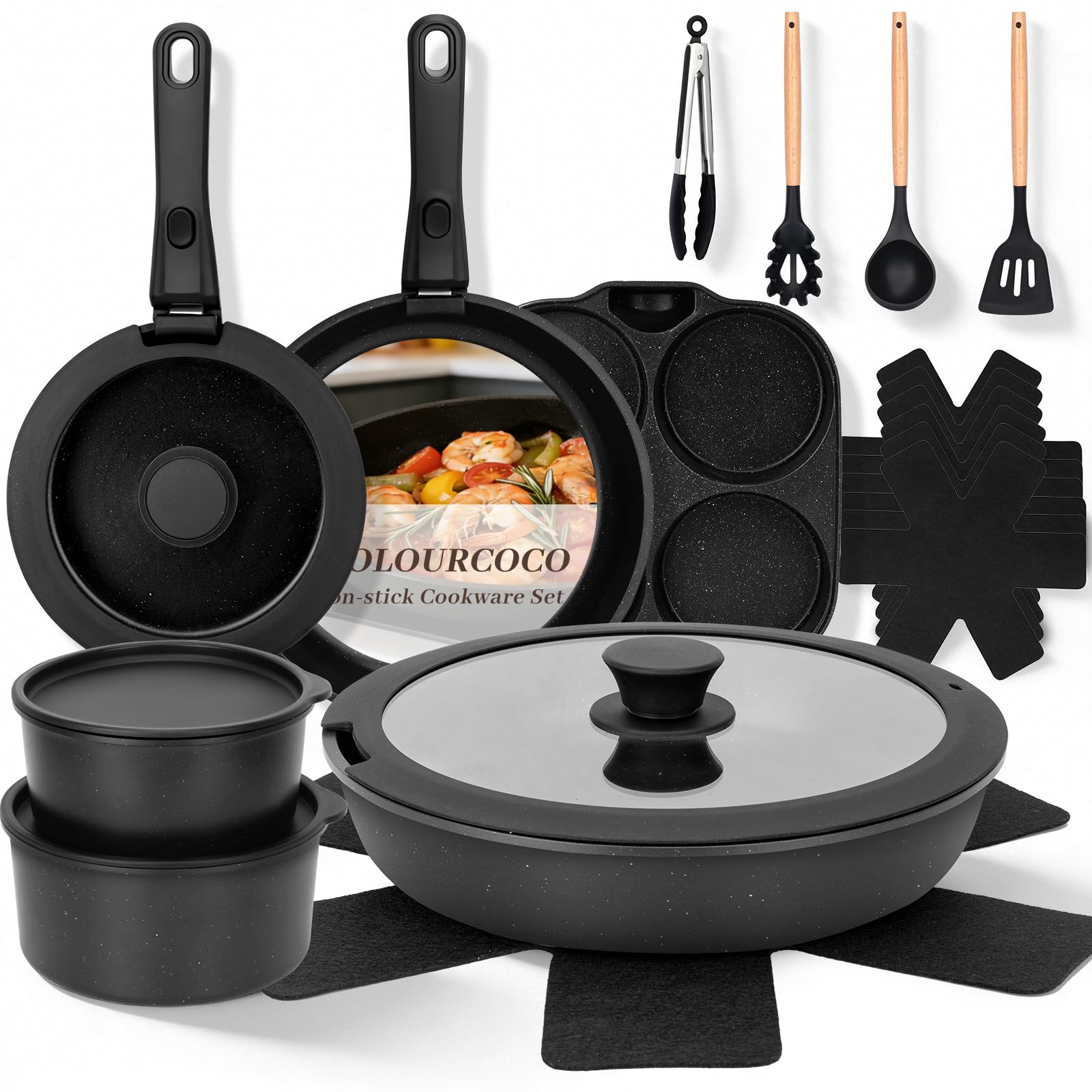 23-teiliges Topfset Induktions - Antihaftbeschichtetes Kochgeschirr mit Abnehmbarem Griff, Ofenfest & für alle Herdarten Geeignet – Ideal für Zuhause, Camping und Picknick (Schwarz)