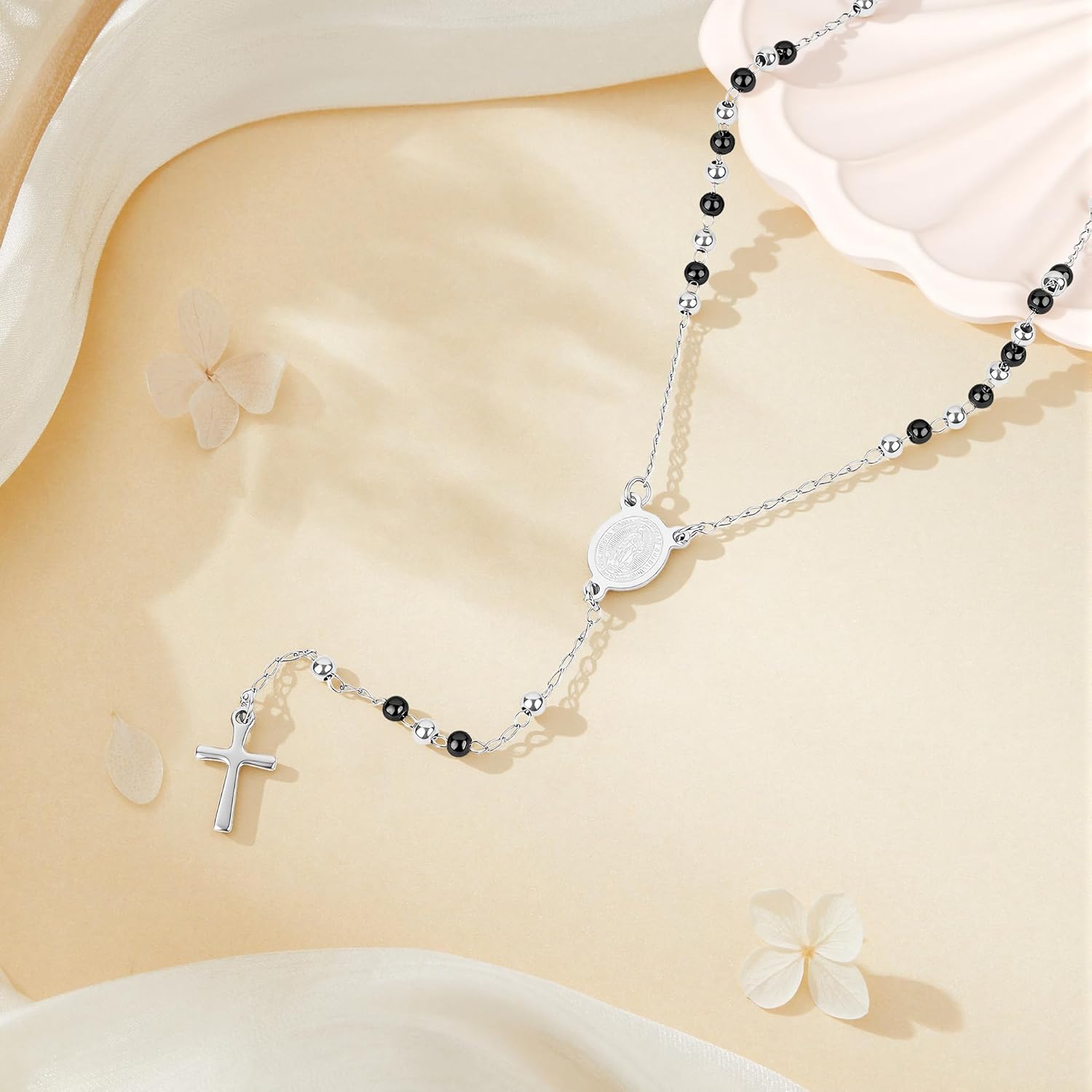 Rosary Cross Necklace for Women, Gold Plated Silver Black Virgin Mary Rosary Bead Necklace Catholic Jewelry - Image 3