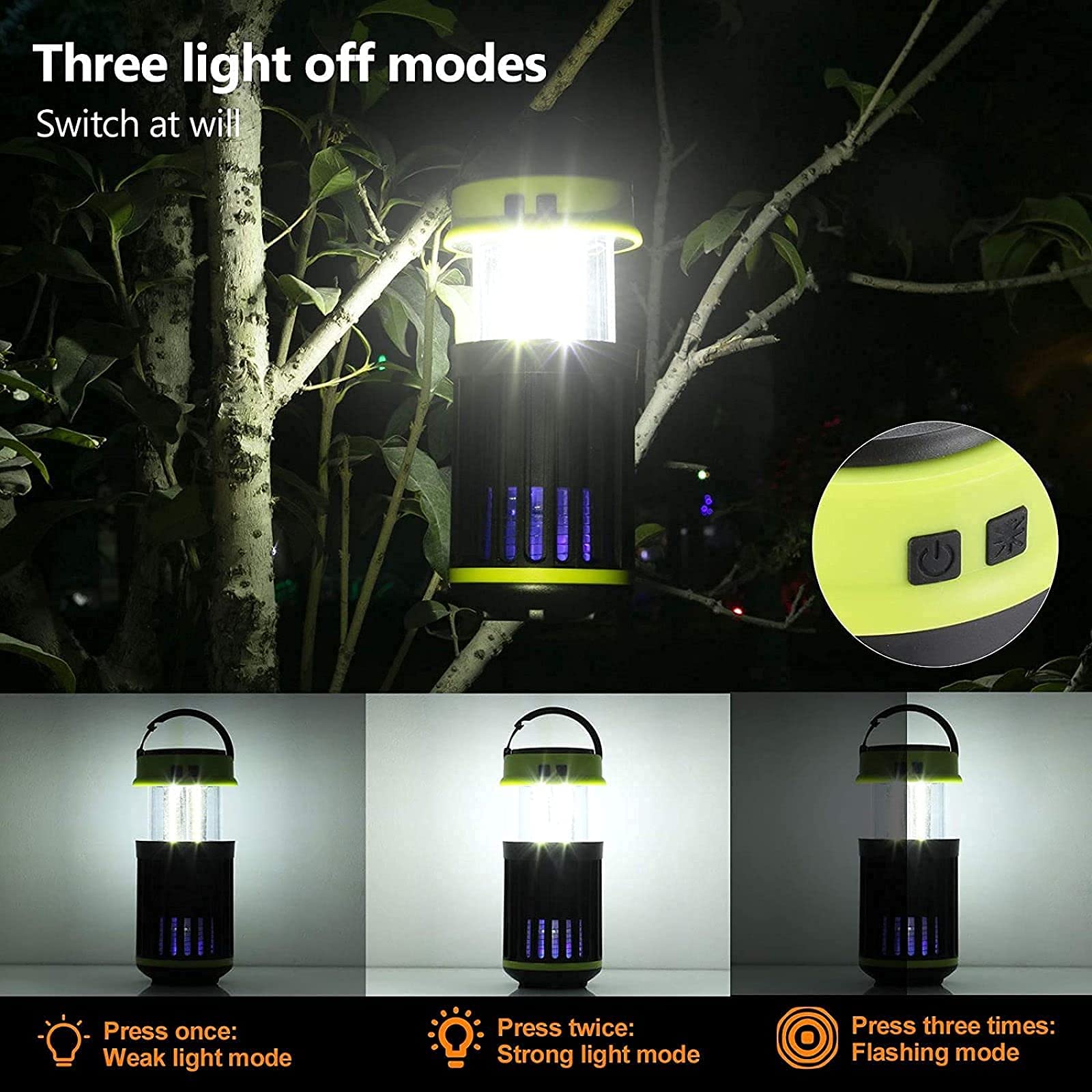 Mosquito Killer Ip65 - Elettrico UV Icida, Lampada da campeggio 3 in 1, Ricaricabile tramite USB, Portatile a energia solare, Zanzara e Trappola per zanzare