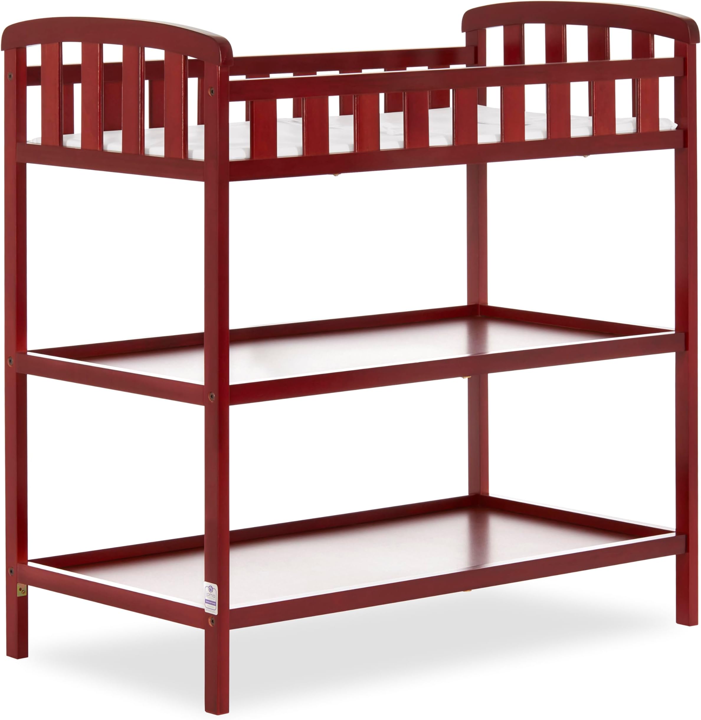 Emily Changing Table, Compact and Lightweight, Solid New Zealand Pinewood, Elevated Safety Rails, Two Storage Shelves, Includes Water-Resistant 1" Changing Pad — Cherry