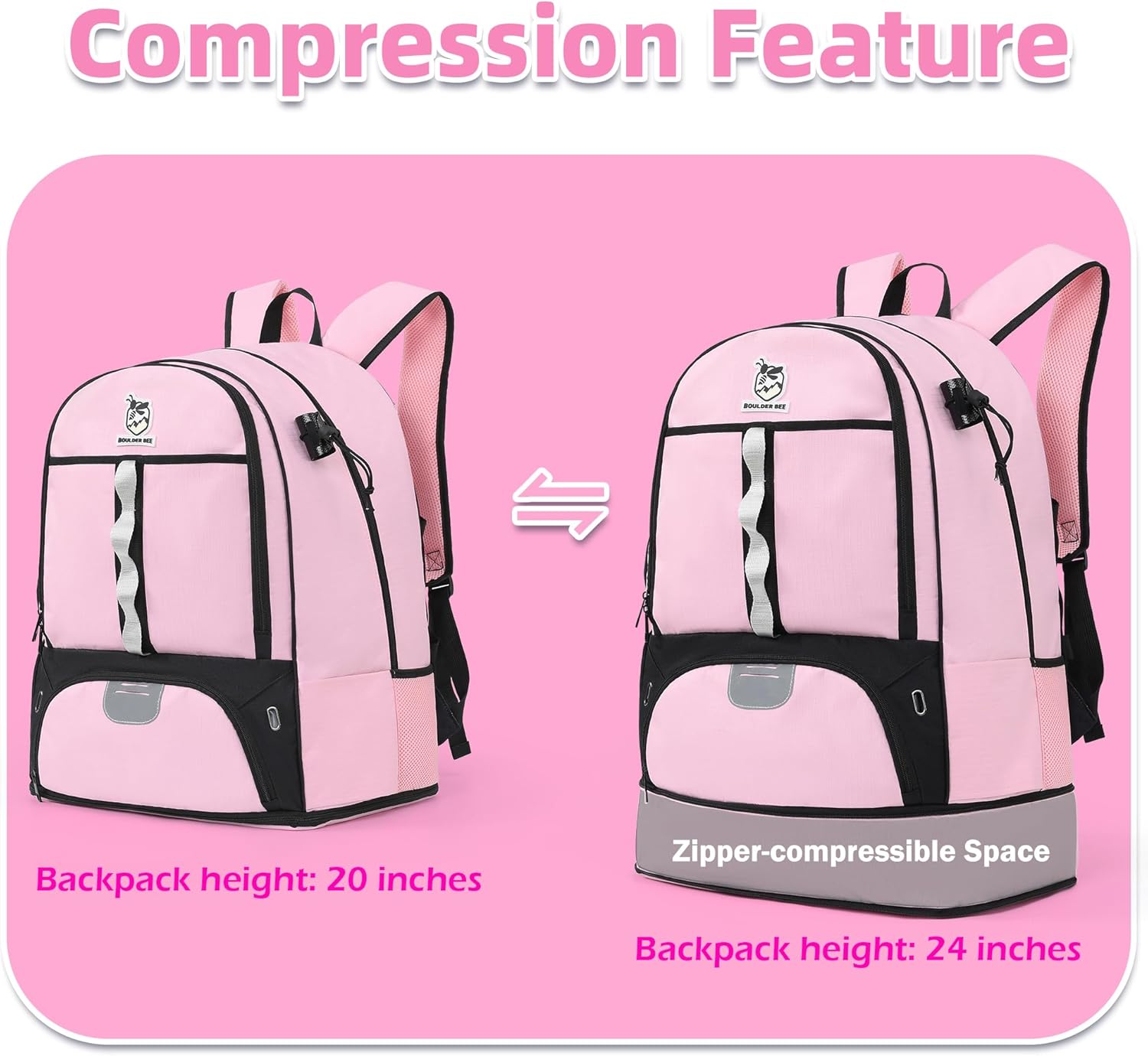 boulder bee lacrosse backpack with stick holders, field hockey bag, lacrosse gift for women retractable-pink