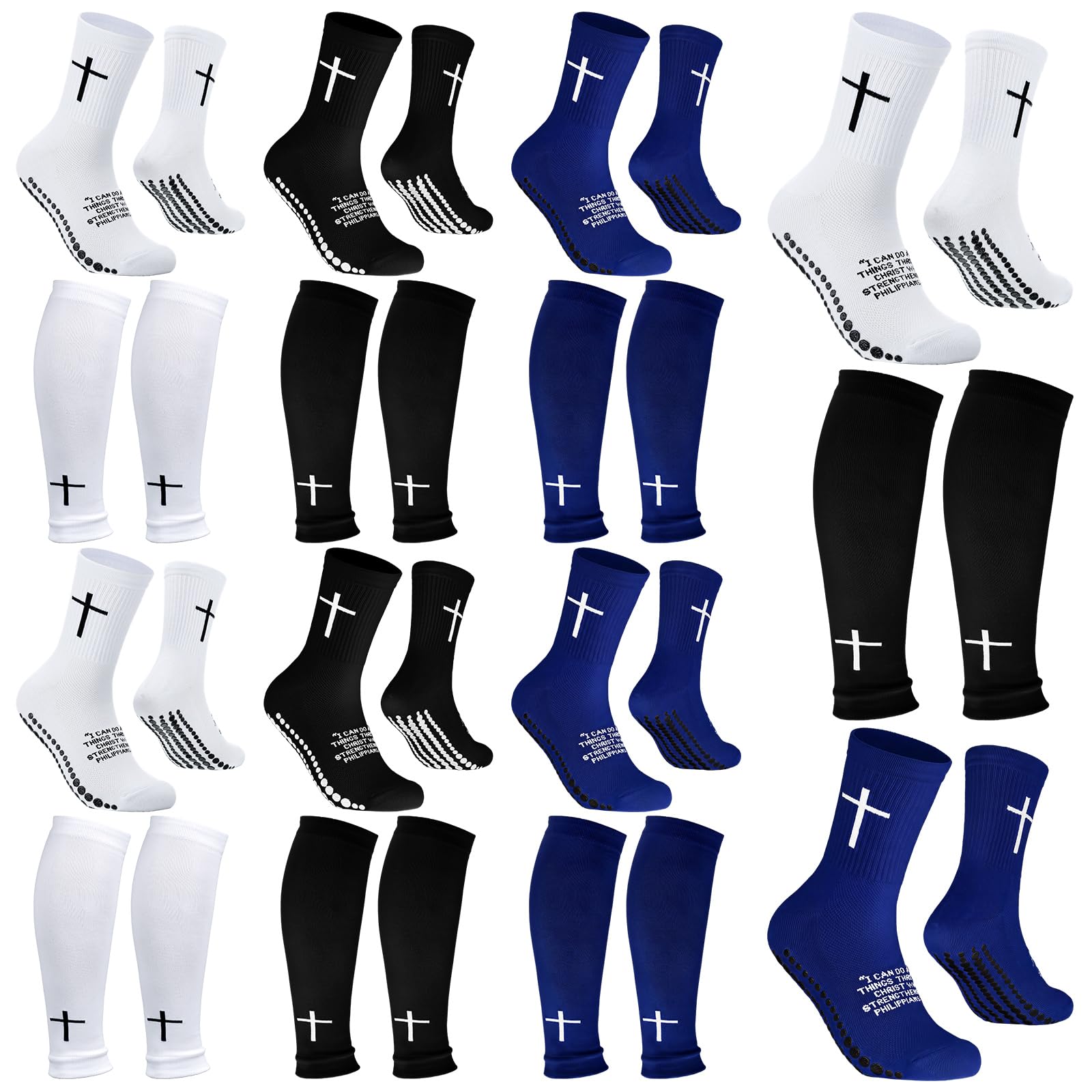 12 Pairs Cross Grip Soccer Socks Soccer Shin Guard Sleeves Non Slip Christian Socks with Bible Verse for Men Women