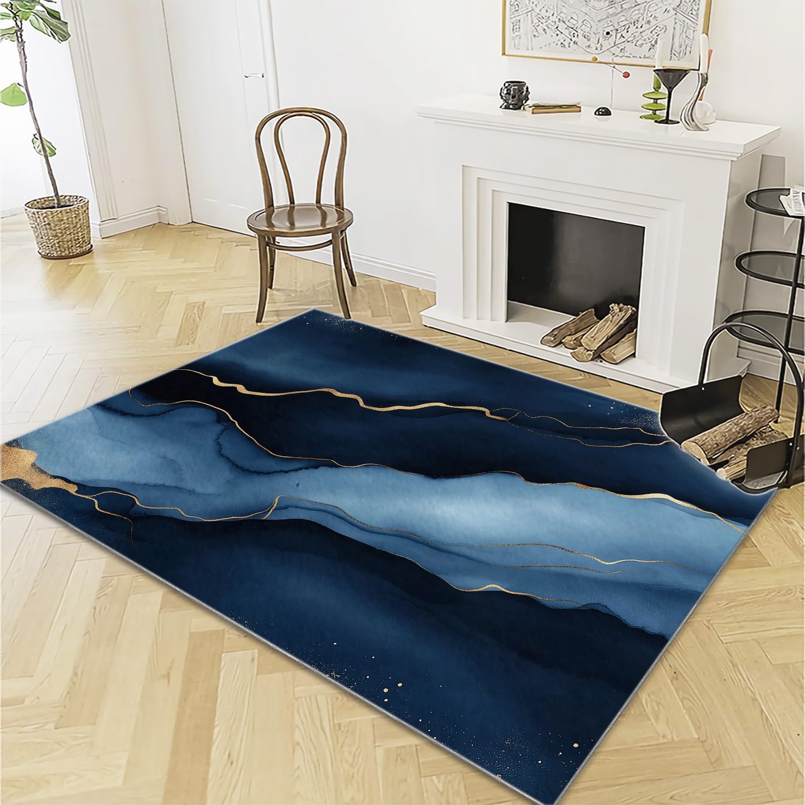 Zmywalny dywan 120 cm x 180 cm akwarelowy ciemnoniebieski i złoty marmur – antypoślizgowy dywan ze sztucznej wełny z krótkim włosiem, miękkie dywaniki do salonu, sypialni, jadalni, dywan do dekoracji