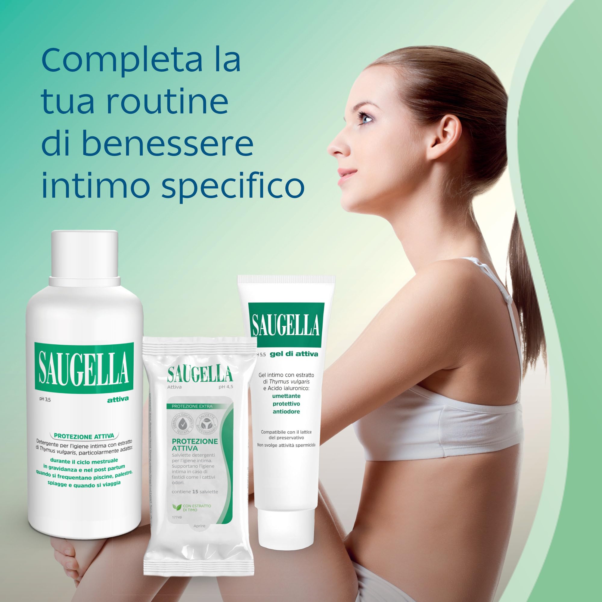 Saugella Attiva, Detergente Intimo Antibatterico, pH 3.5, con Estratto di Timo, Adatto Post Parto, in Gravidanza e Durante il Ciclo Mestruale, 2 Detergenti da 750 ml