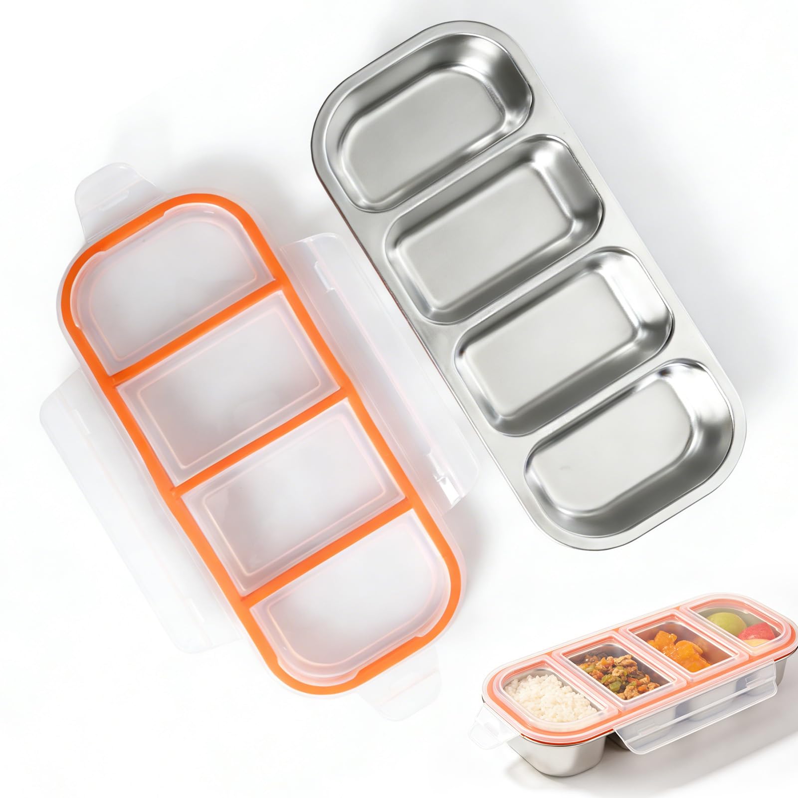Kaiyzo Snack Box with 4 Compartments Stainless Steel Bento Box with Airtight Lid Reusable Food Containers Divided Meal Prep Containers for Work Travel 500ml