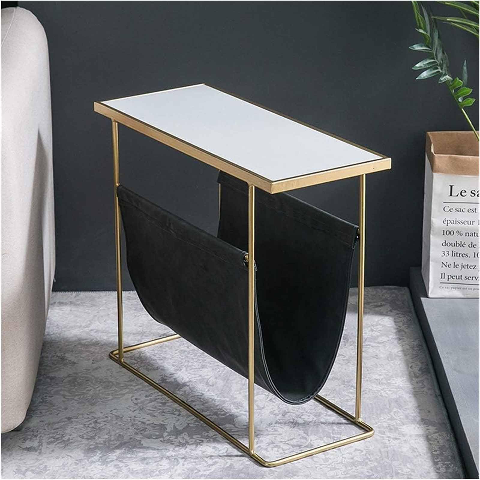 SXZenSpace Bedside Tables Side Table End Wrought Iron Marble Rectangular Tea Coffee Sofa Living Room Vintage Accent with Pocket,White
