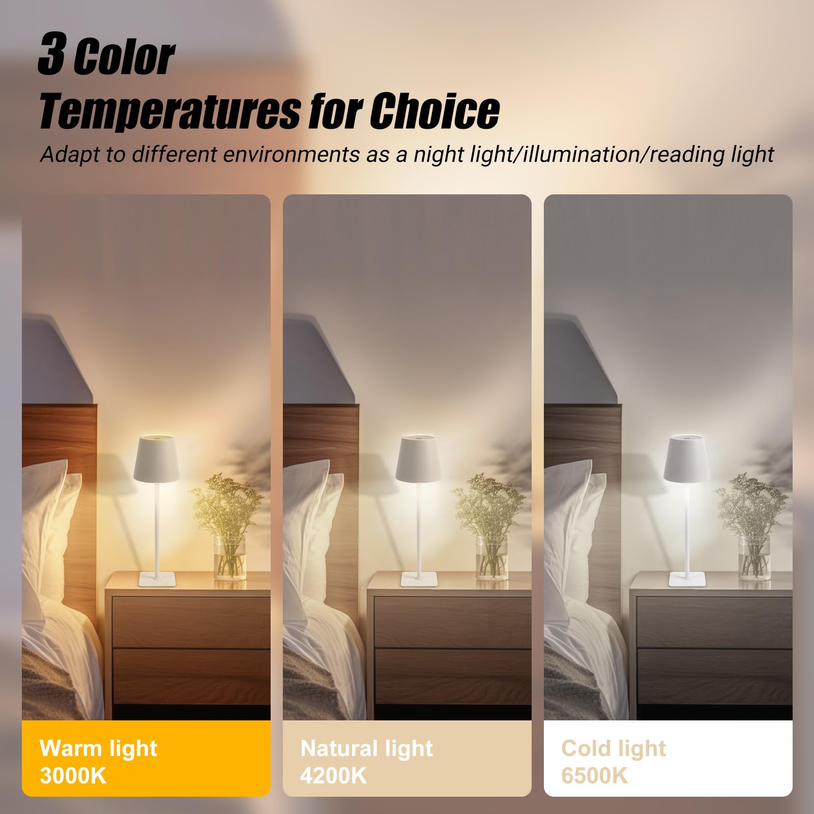 EXTRASTAR Rechargeable Table Lamp, Cordless Lamp 3 Color Dimmable, Metal Touch Bedside Lamp for Living Room Bedroom Office Study-White - Image 2